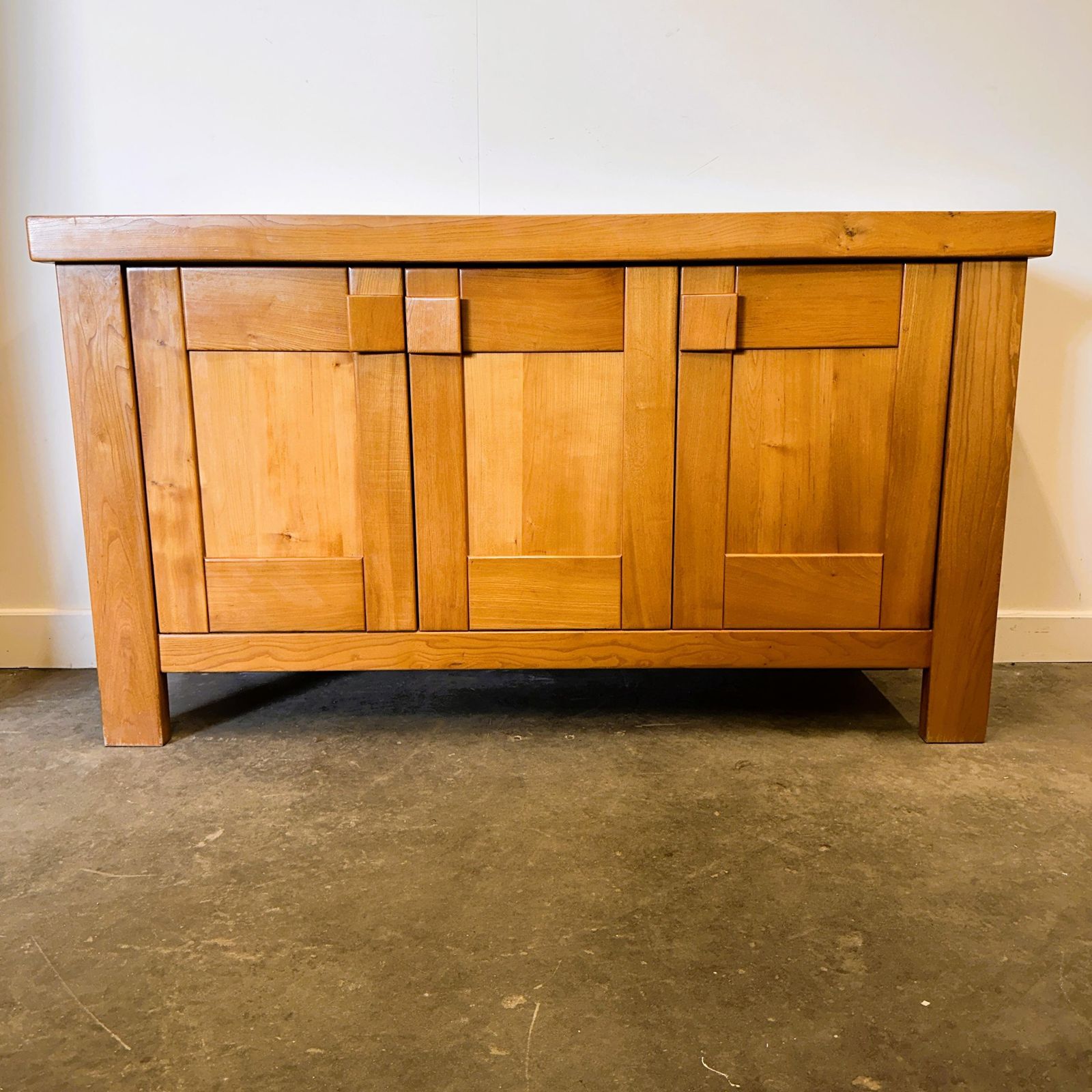 Maison Regain Sideboard, Vintage French Elm Wood Credenza, Brutalist 1970s Modernist Cabinet, Solid Wood Storage Buffet