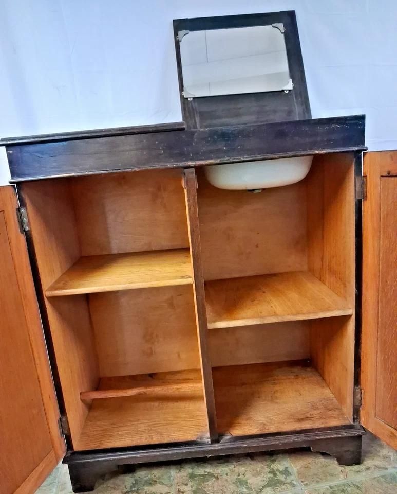 Antique Washstand With Enamelled Bowl & Lift Top Mirror photo furniture
