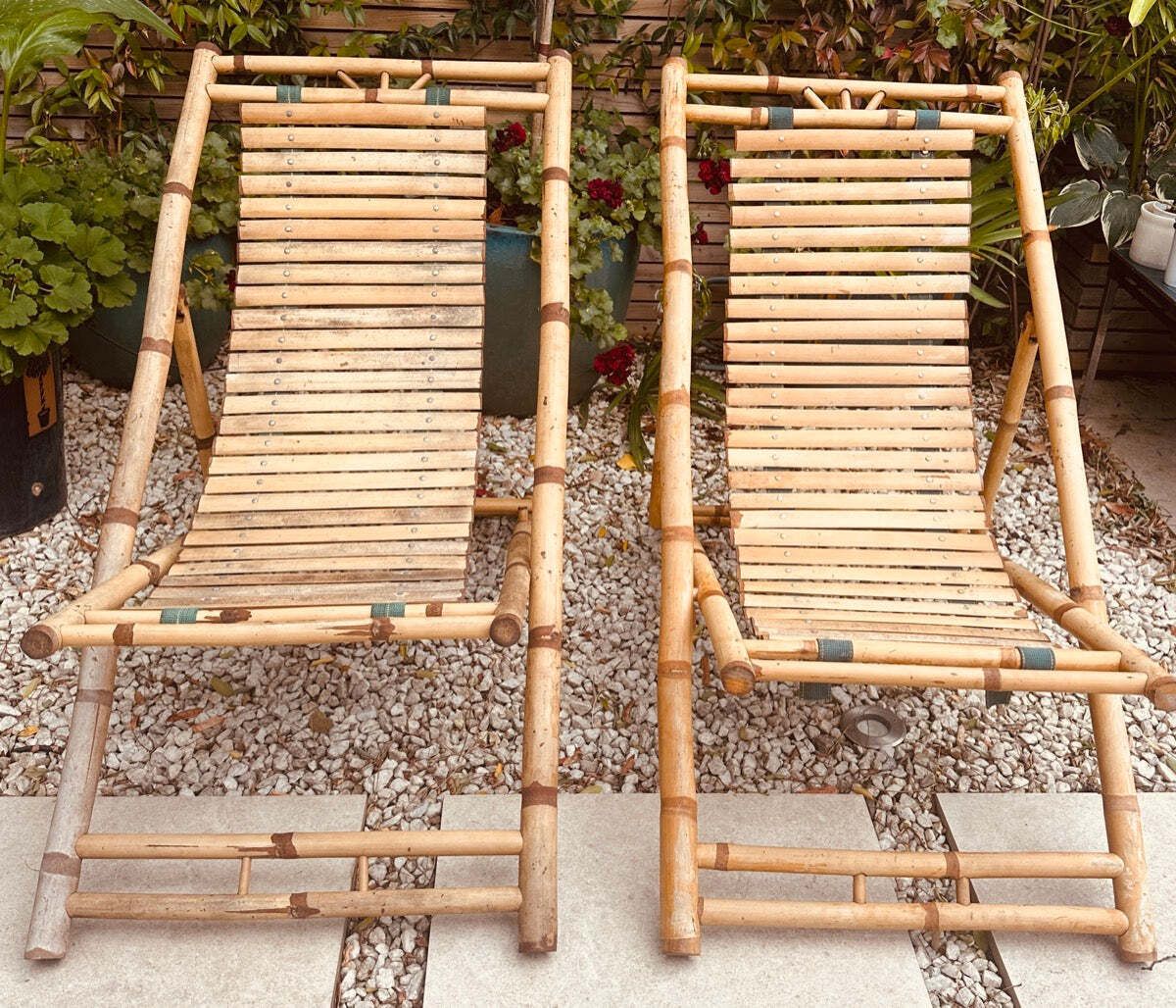 Pair Of 1980s Rustic Italian Golden Bamboo Deck Chairs Or Sun Loungers photo furniture