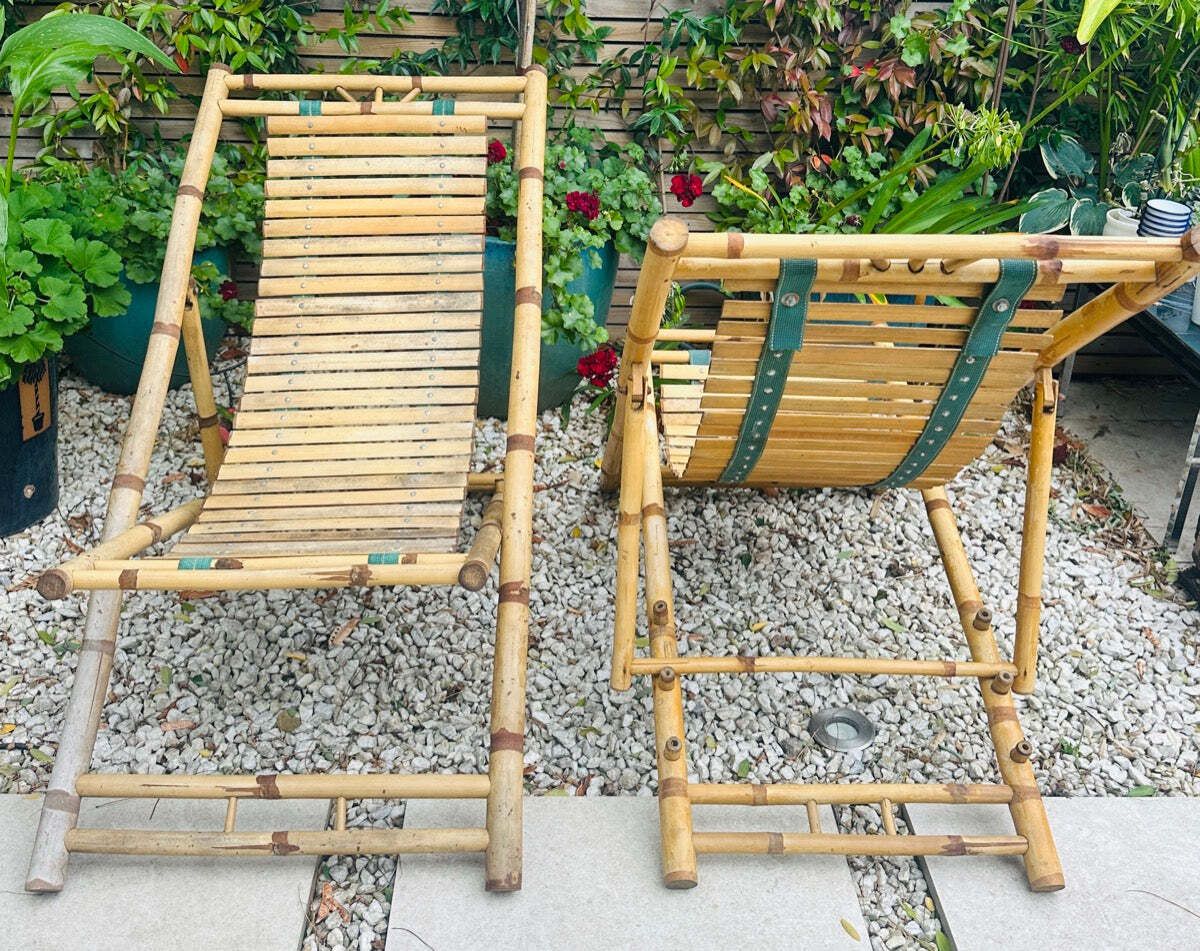 Pair Of 1980s Rustic Italian Golden Bamboo Deck Chairs Or Sun Loungers photo vinterior