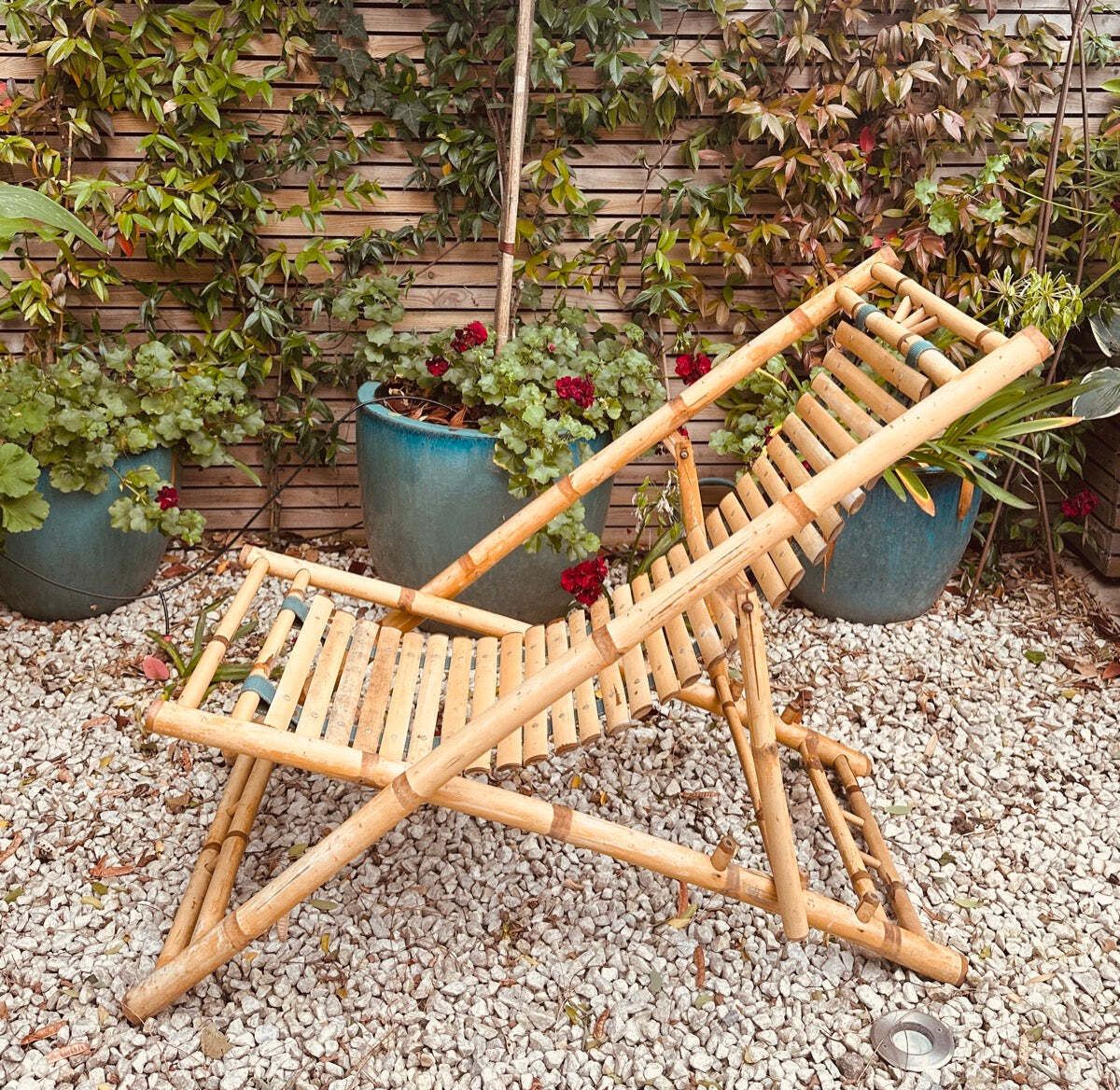 photo furniture Pair Of 1980s Rustic Italian Golden Bamboo Deck Chairs Or Sun Loungers
