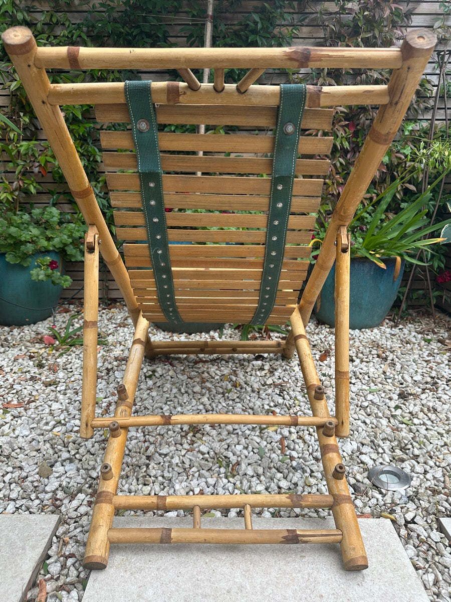 photo vinterior Pair Of 1980s Rustic Italian Golden Bamboo Deck Chairs Or Sun Loungers