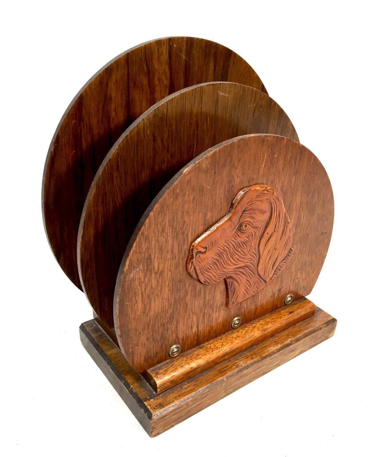 Antique Wooden Spaniel Dog Motif Desktop Letter Rack / Stationery Holder C.1930 photo furniture