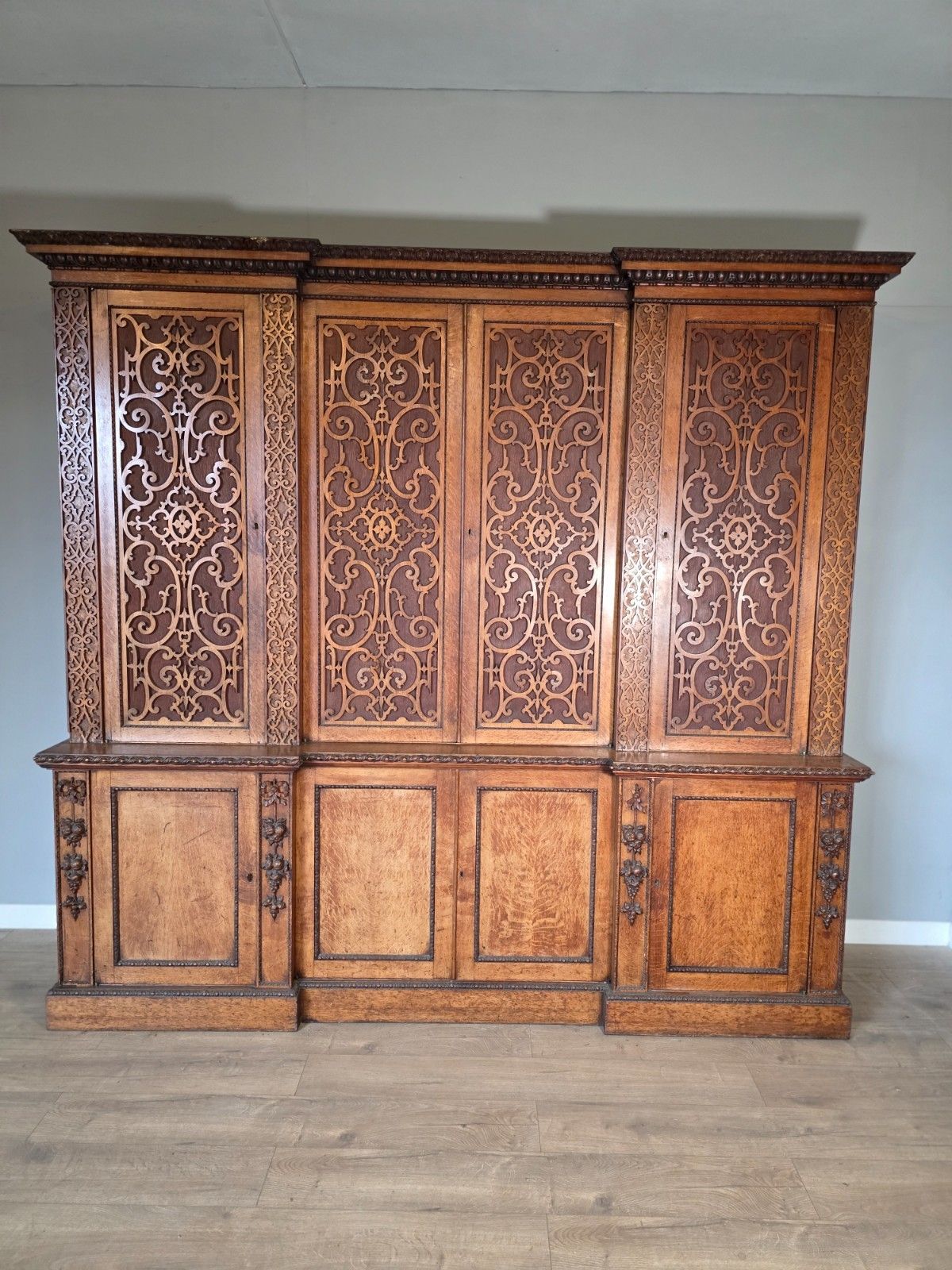 Antique Country House Pollard Oak Inverted Breakfront Bookcase 1860s