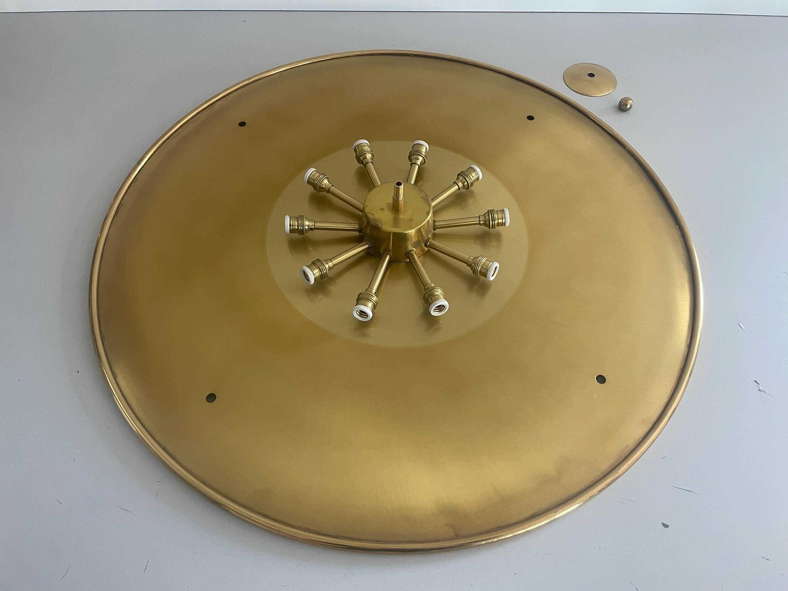 Mid Century Brass And Flower Motifs Print Glass Xxl Cinema Flush Mount Light By Brevettato, 1950s, Italy photo vinterior