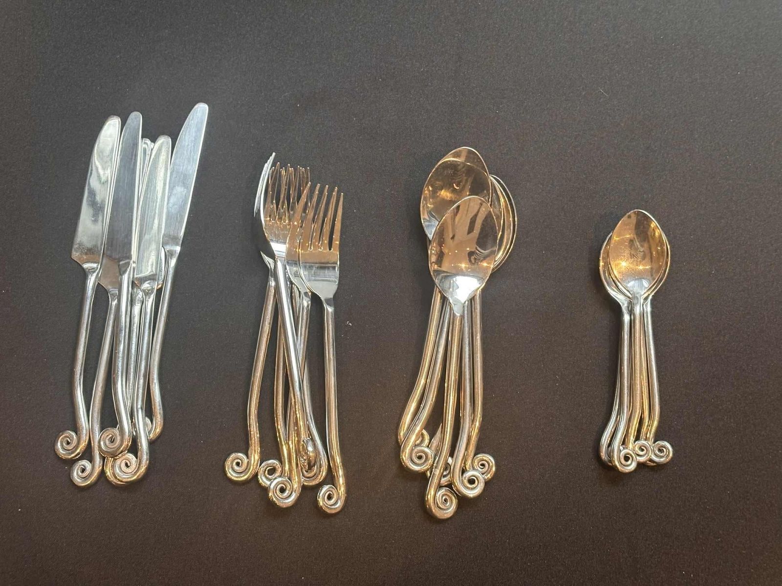 Set 24 Flatware Swirl Twist Cutlery French Twisted Ends Spiral Ends Brutalist Decor Medieval Viking Style Handmade 6 Gift Wedding photo buy