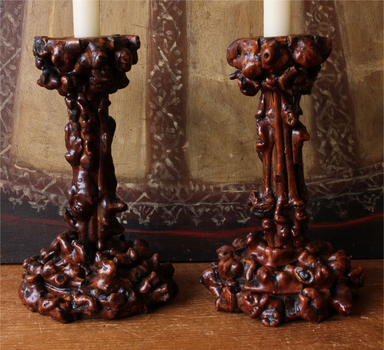 Pair Antique Rootwood Candlesticks. Folk Art Black Forest Candle Stand.