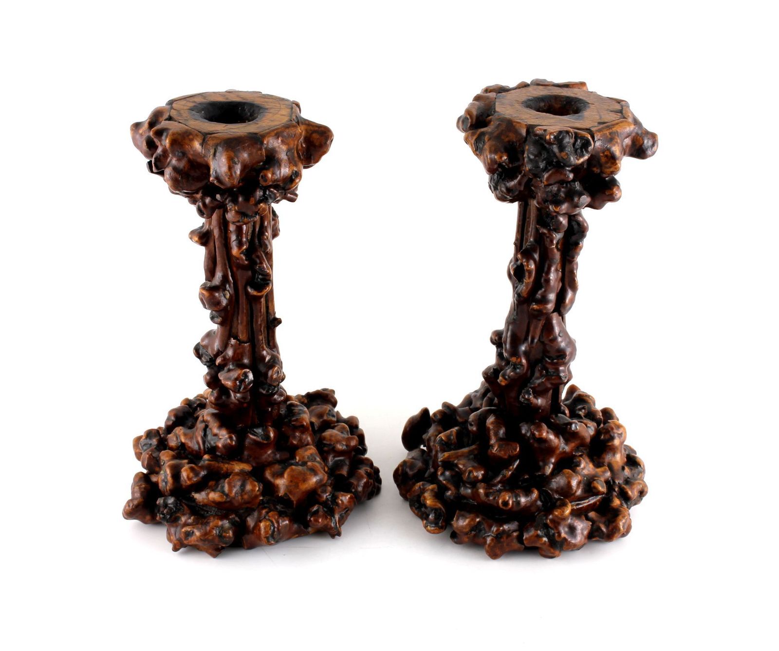 photo buy Pair Antique Rootwood Candlesticks. Folk Art Black Forest Candle Stand.