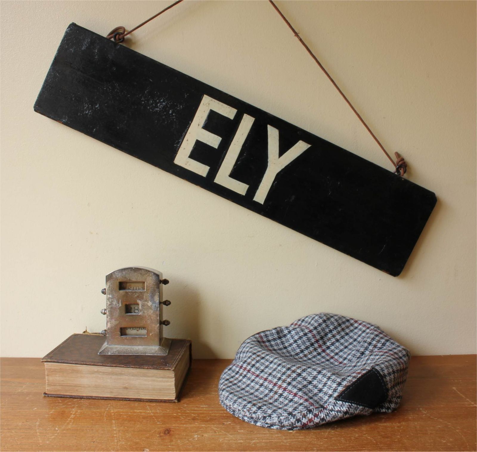 photo furniture Antique Ely Train Destination Sign. Black Railway Station Signage.