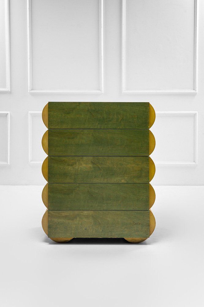 Postmodern Architectural Chest Of Drawers In Natural Wood And Aniline Stained Wood, 1980s