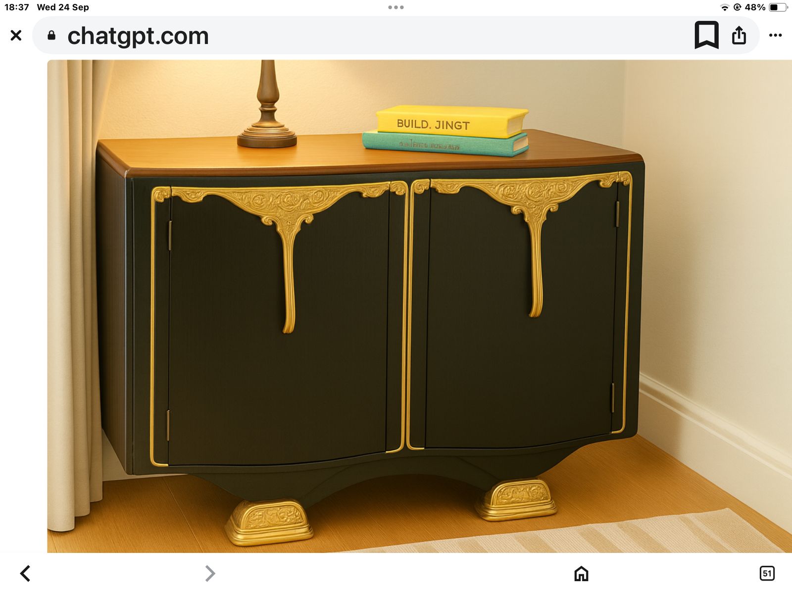 Art Deco Summers Cabinet In Matt Black With Gold Scroll And Feet