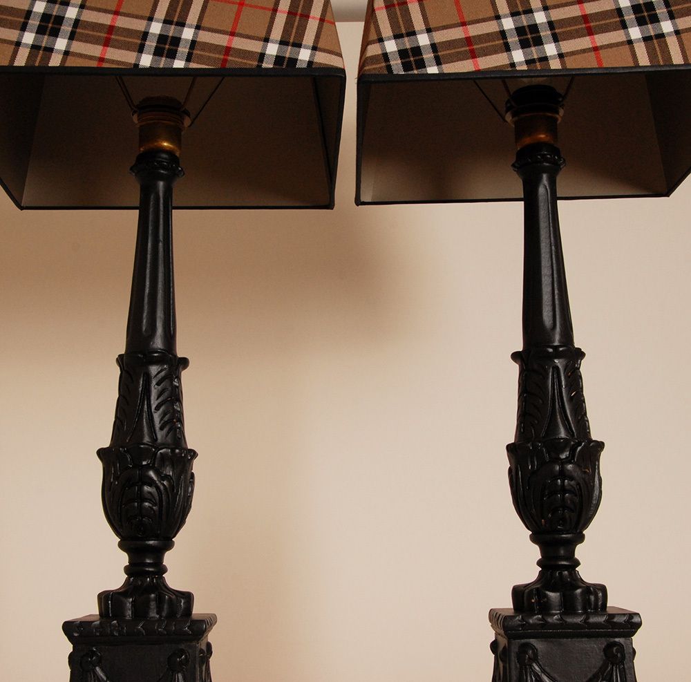 French Table Lamps With Black Tartan Lampshades, 1980s, Set Of 2 photo vintage