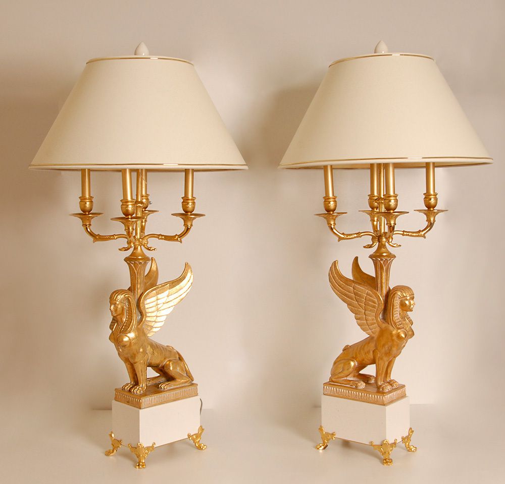 Egyptian Revival Empire Style Bouilotte Lamps With Sphinxes In Gilt Wood And Marble, 1980s, Set Of 2