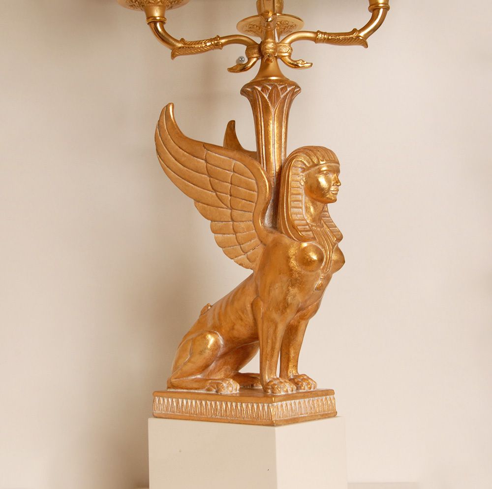 Egyptian Revival Empire Style Bouilotte Lamps With Sphinxes In Gilt Wood And Marble, 1980s, Set Of 2 photo Lighting