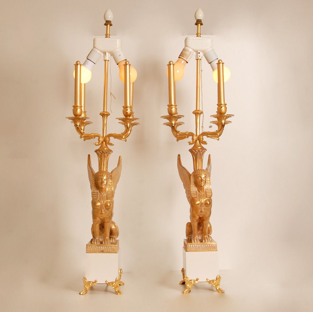 photo furniture Egyptian Revival Empire Style Bouilotte Lamps With Sphinxes In Gilt Wood And Marble, 1980s, Set Of 2