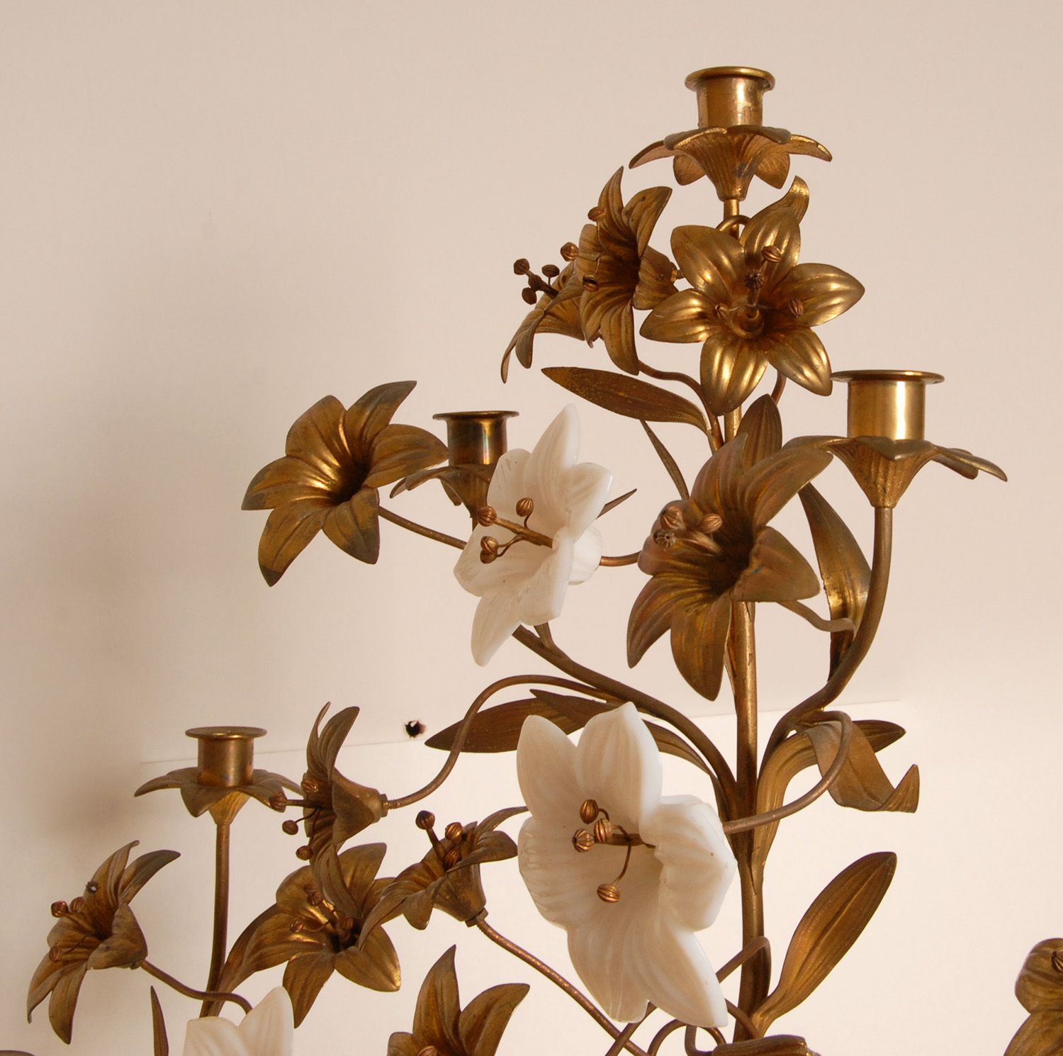 French Church Candelabra In Gold Bronze And Brass White Opaline Glass Flowers, 1890s, Set Of 2 photo 4185.0