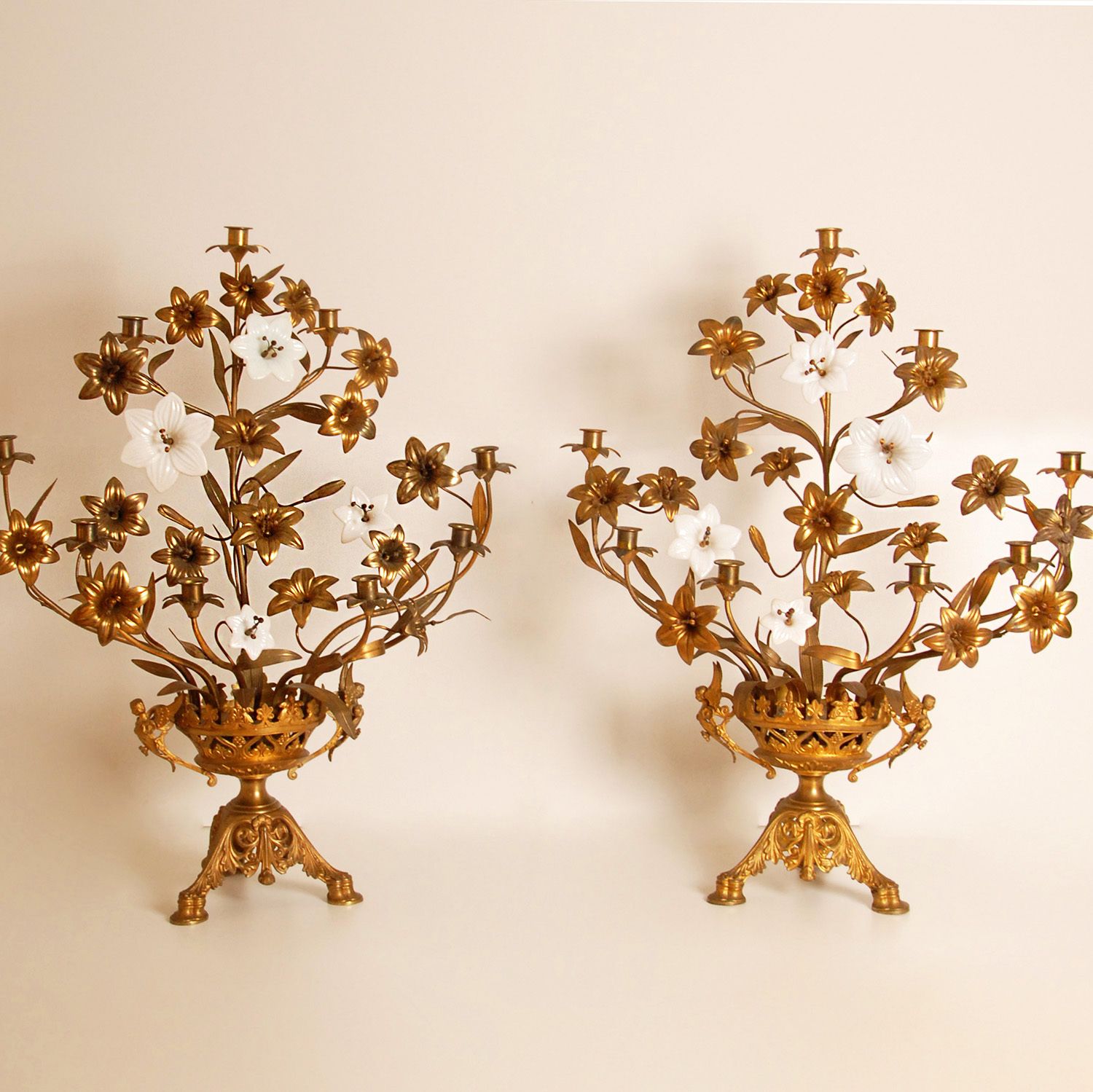 French Church Candelabra In Gold Bronze And Brass White Opaline Glass Flowers, 1890s, Set Of 2 photo furniture