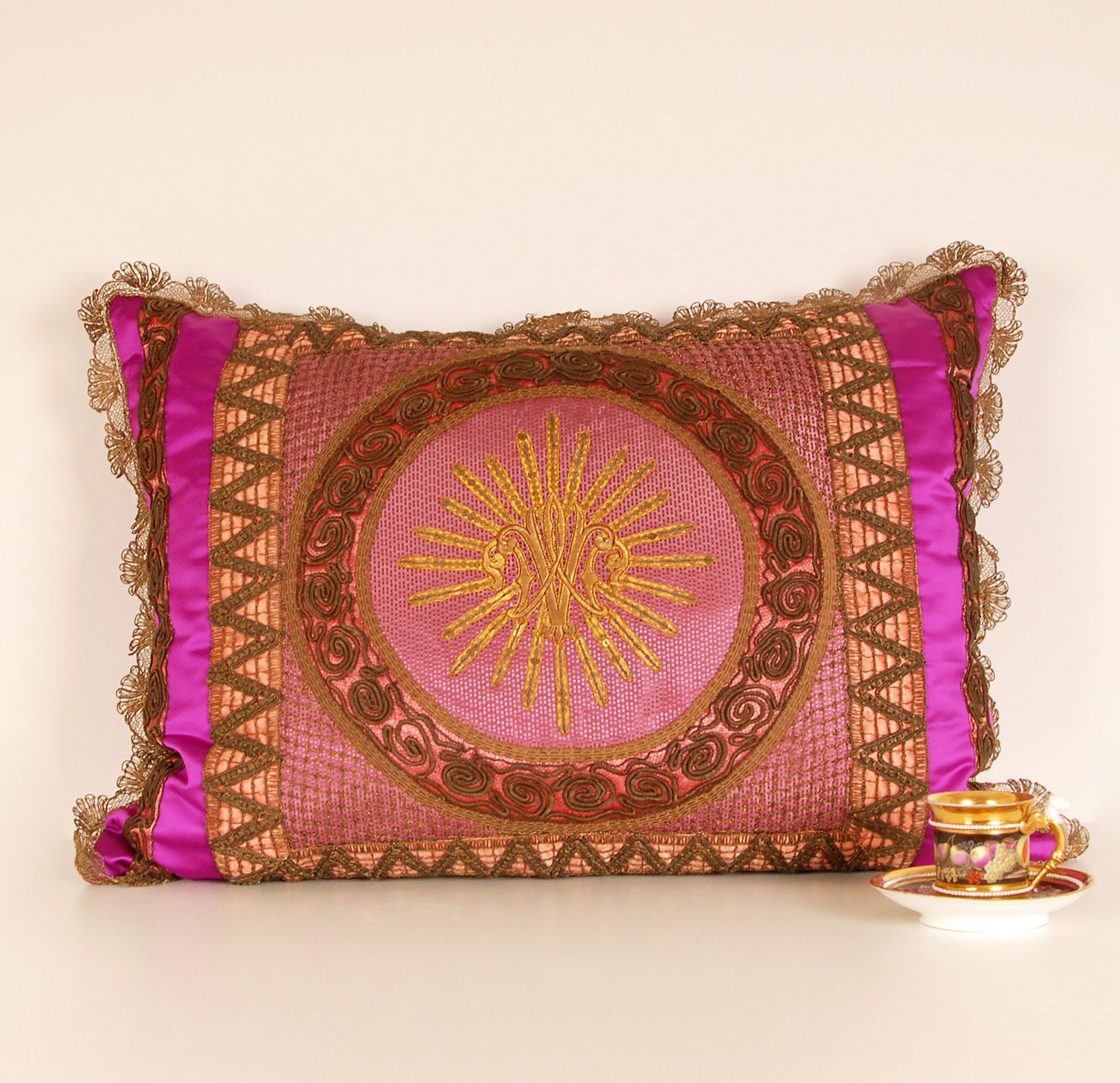 photo furniture Napoleonic Empire Cushion Cannetille Metallic Embroidery Gold Thread French Silk Cushion Cover In Magenta