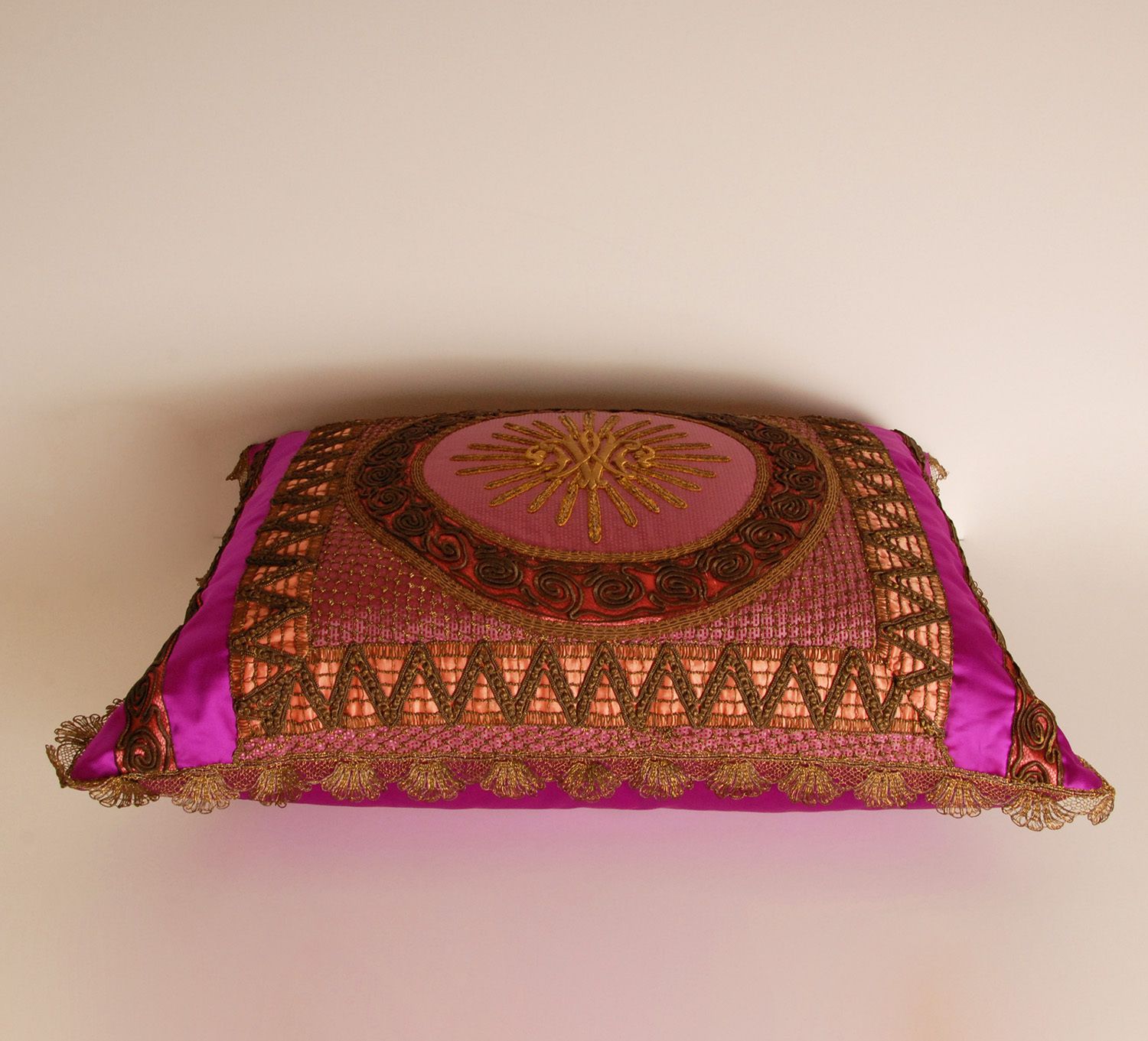 Napoleonic Empire Cushion Cannetille Metallic Embroidery Gold Thread French Silk Cushion Cover In Magenta photo vintage