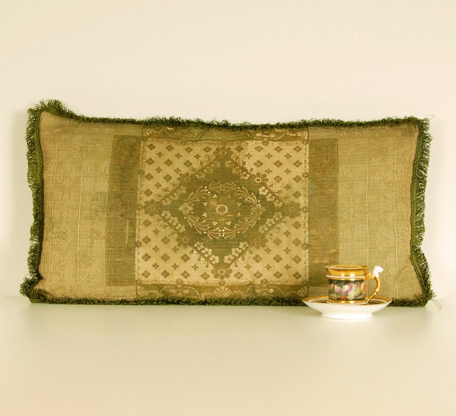 Napoleonic Empire Cushion Silk Green And Gold Thread Embroidery French Bobbin Lace Throw Cushion photo furniture
