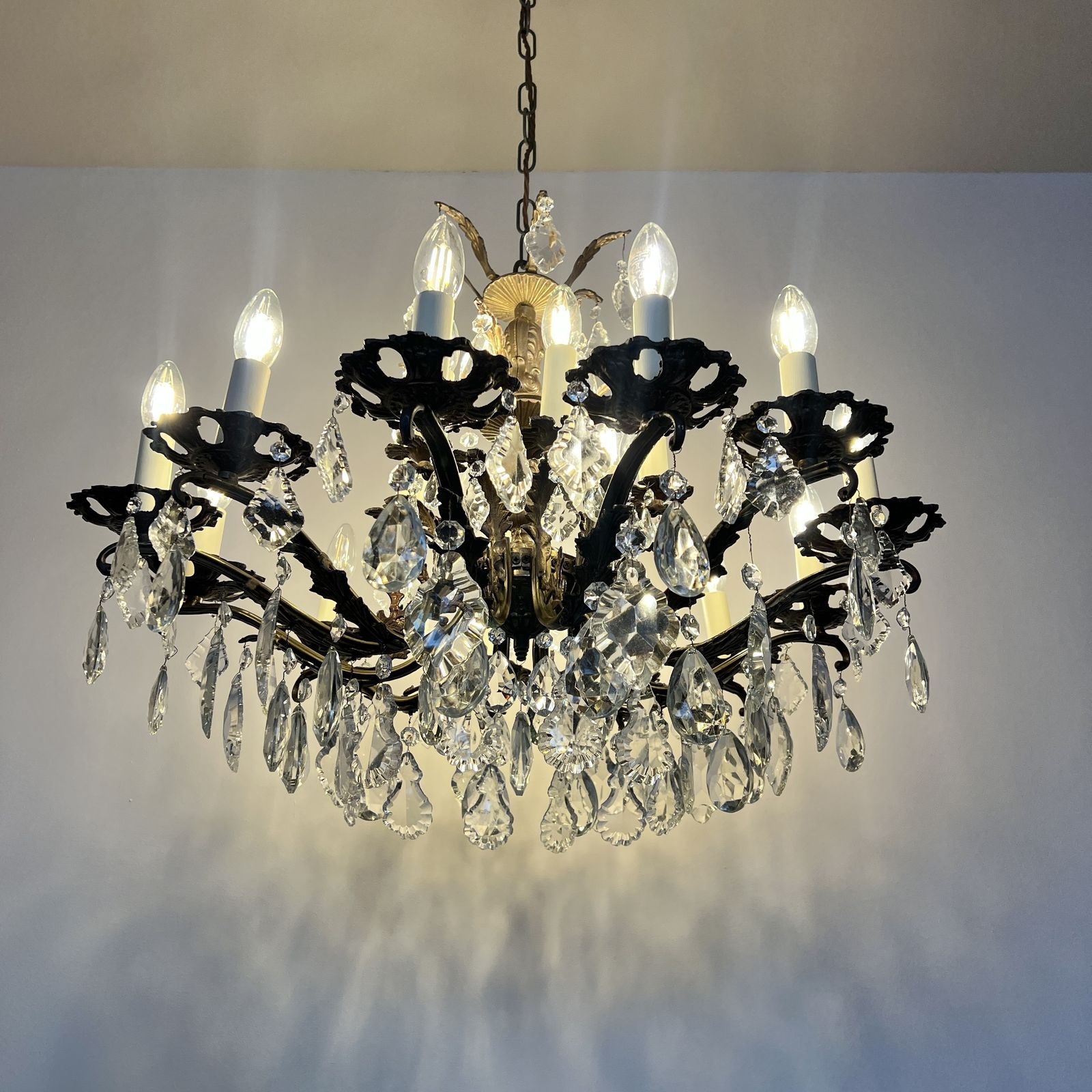 photo for sale Large Brass Chandelier With Glass Flat Leaf And Cut Glass Pear Drops