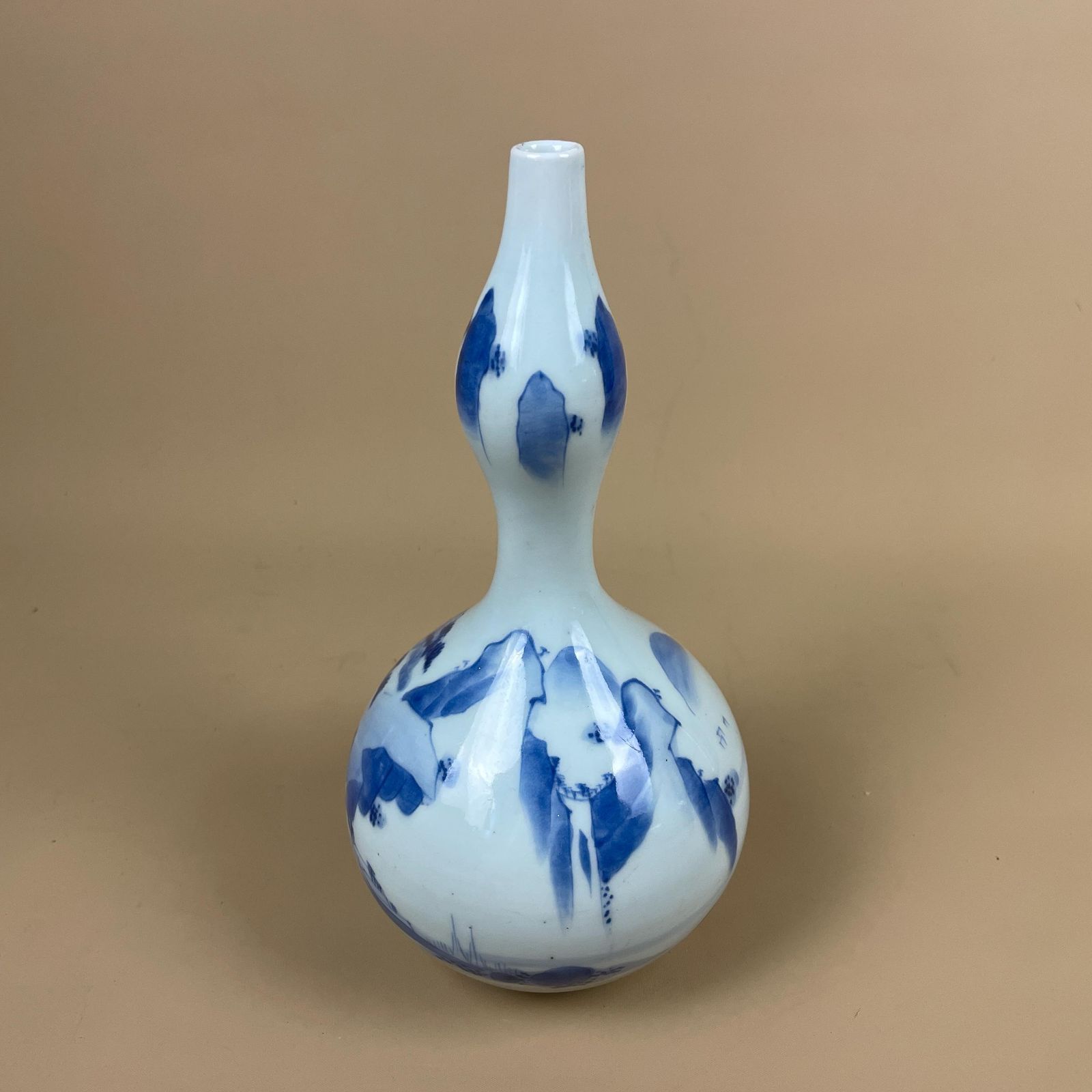 Vintage Japanese Vase Hand Painted Blue & White Decorative Ceramic Pot Thin Neck Table Windowsill Display Indoor Oriental Asian Scenic