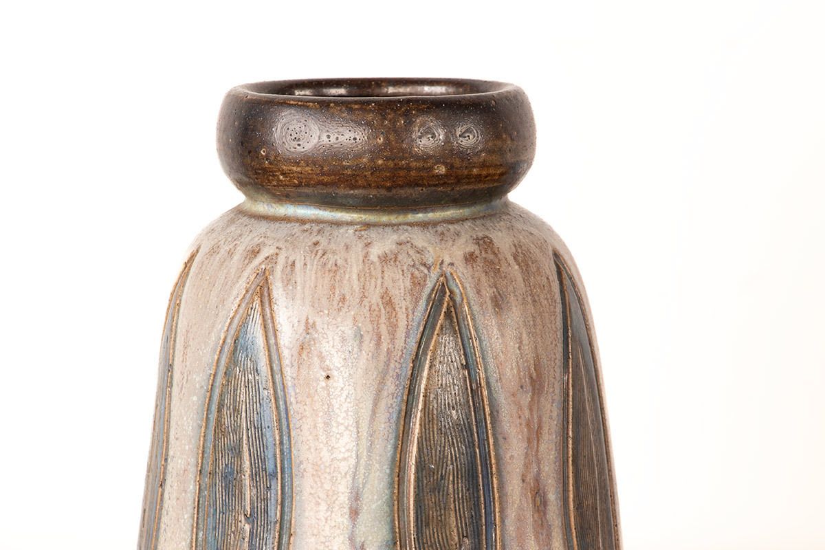 Art Deco Period Vase In Glazed Ceramic, Green And Gray, By Edouard Grégoire. photo for sale
