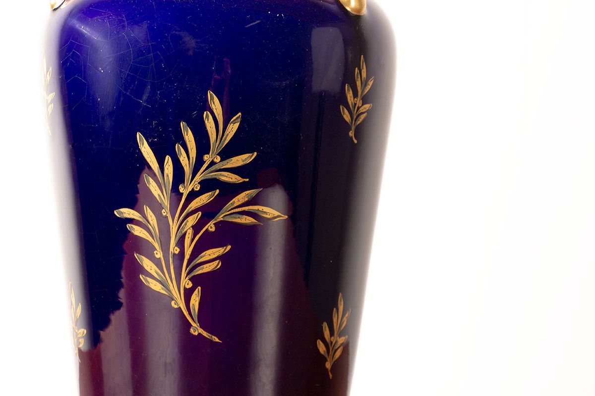 1400.0 Large Neo Classical Style Porcelain Vase, Cobalt Blue And Gold Motifs, Pinon Heuzé Factory 1930. photo