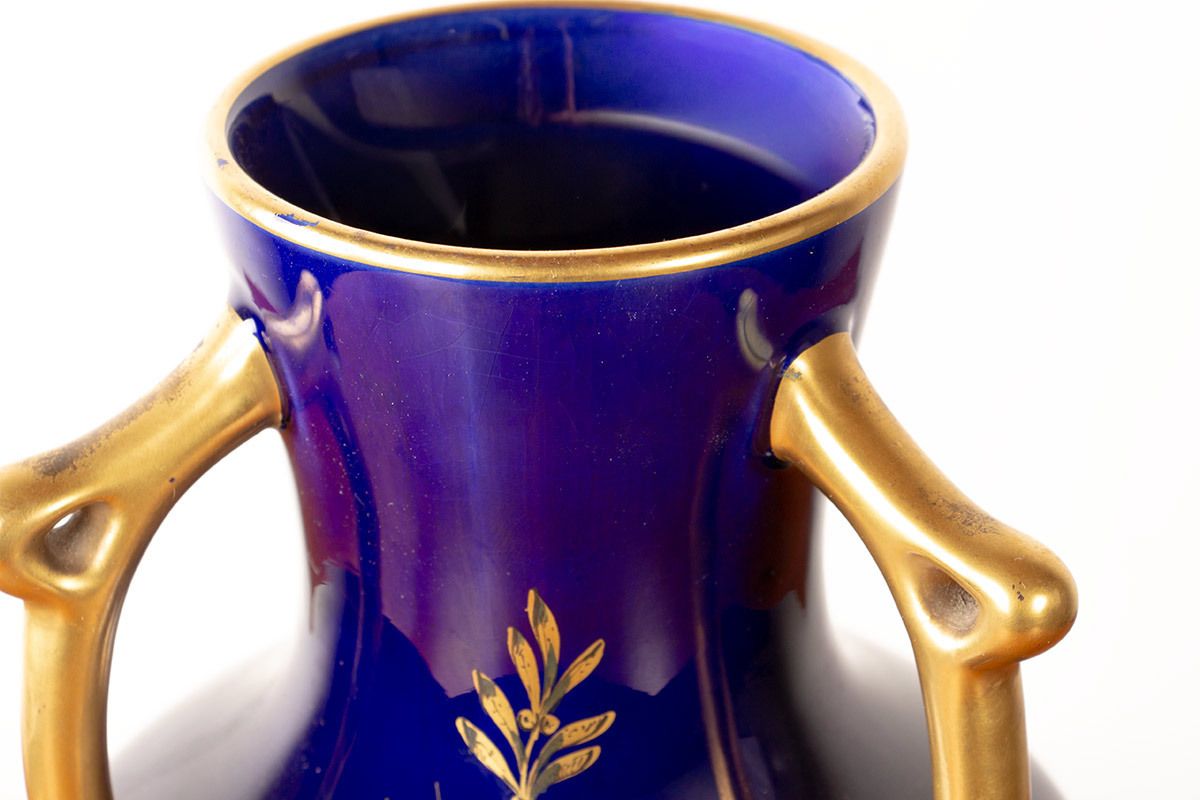 photo buy Large Neo Classical Style Porcelain Vase, Cobalt Blue And Gold Motifs, Pinon Heuzé Factory 1930.