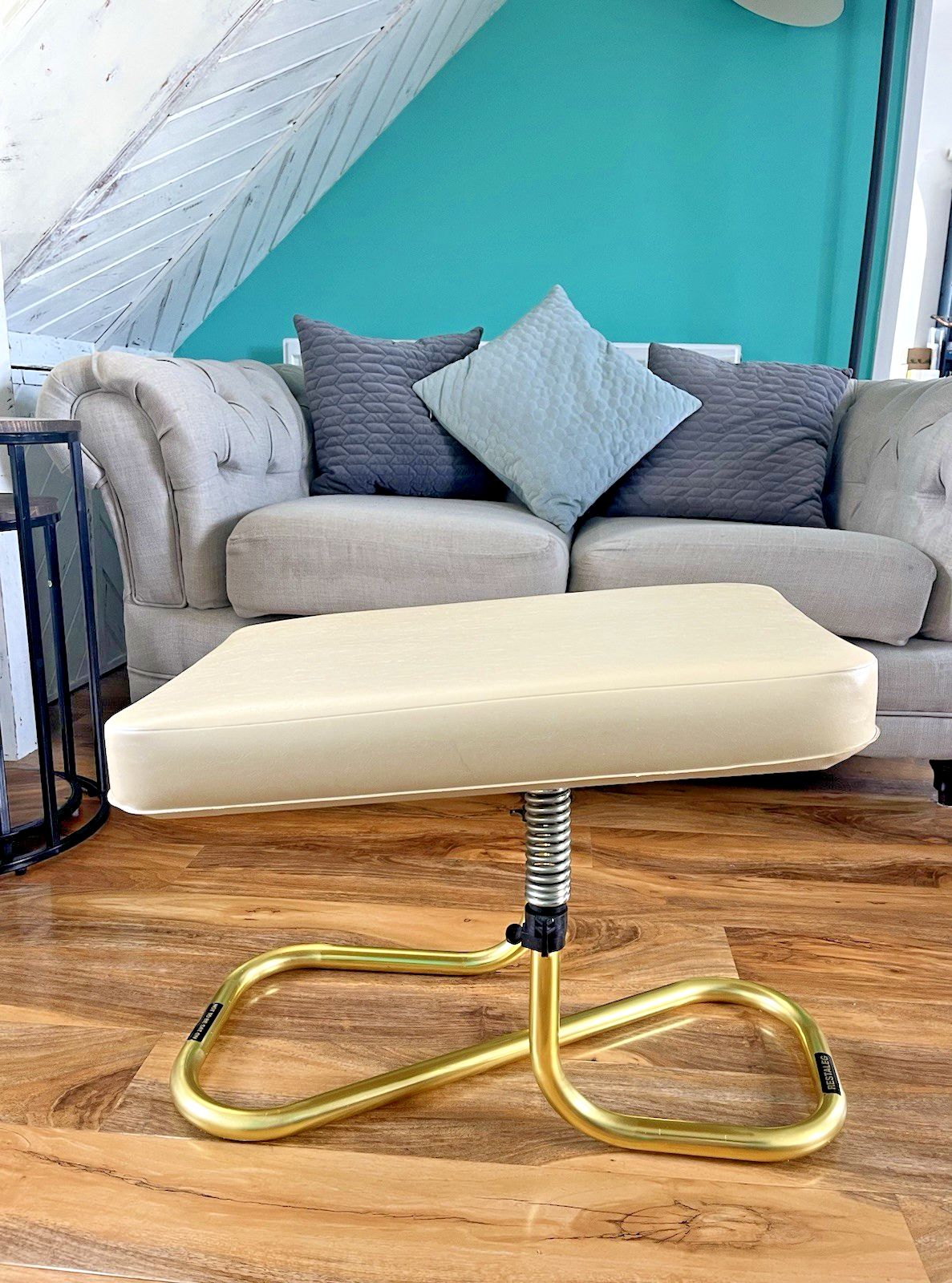 Stylish Mid Century 1960's Automatic Restaleg Cream Vinyl Foot Stool Pouffe 70's photo buy