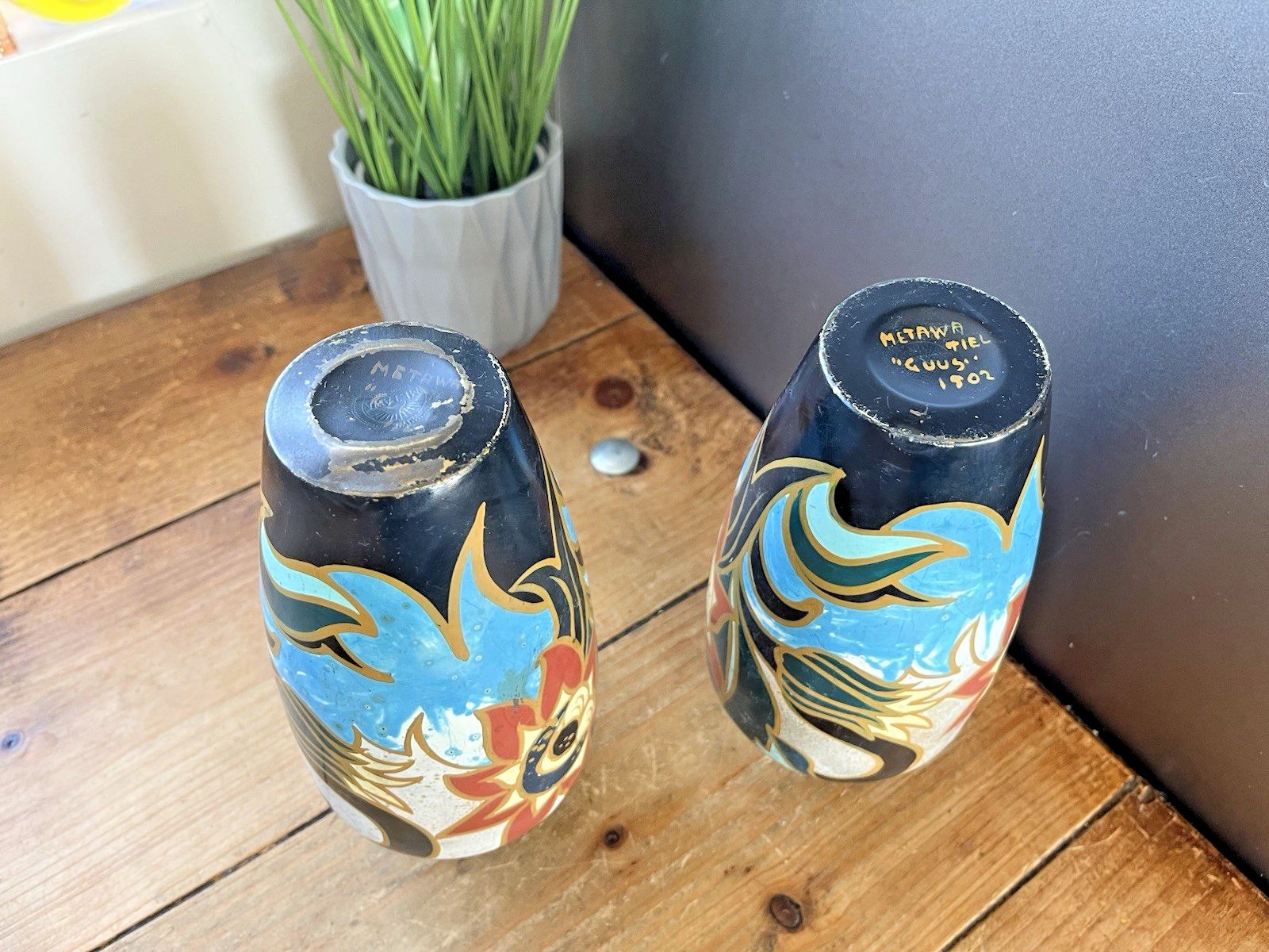 Stunning Pair Of Dutch Art Deco Metawa Tiel Guus Aesthetic Style Mantel Vases photo vintage