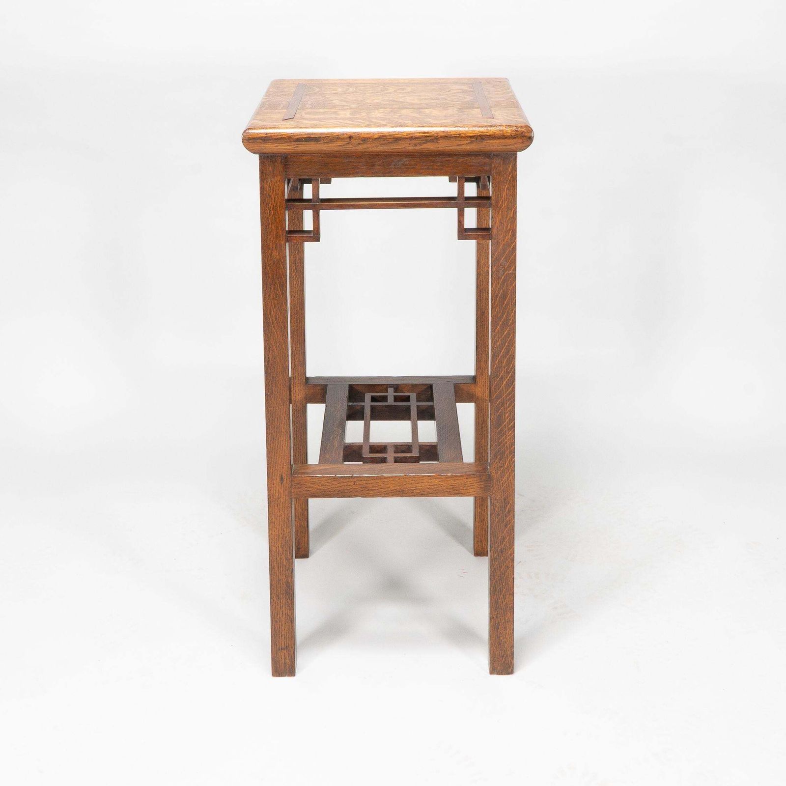 E. W. Godwin. An Anglo Japanese Oak & Lattice Statue Stand With Wide Inlaid Top photo furniture