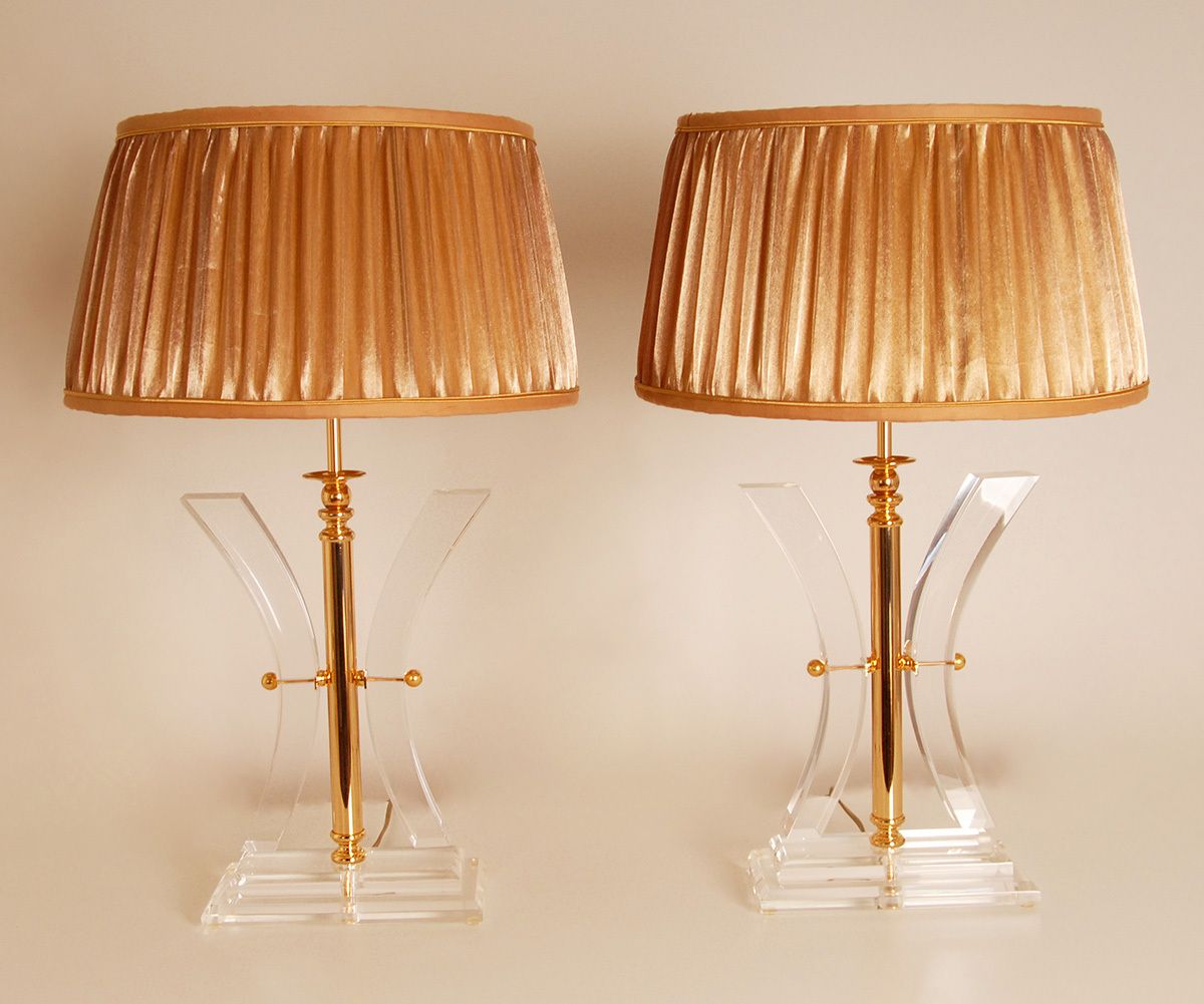 Vintage Table Lamps Crystal Gold Acrylic Kuatra Spanish Lamps Mid Century Perspex A Pair photo for sale