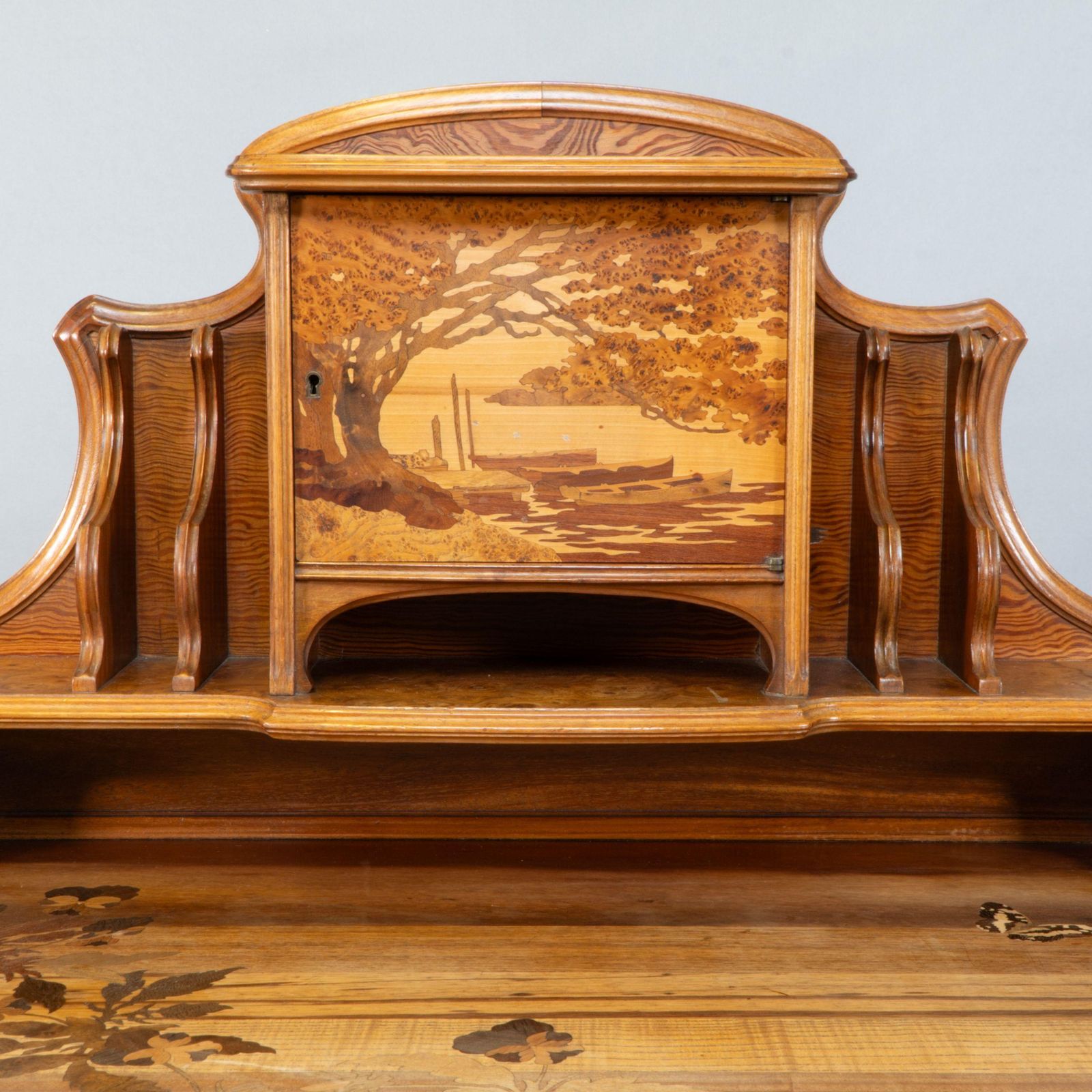 photo for sale Emile Galle. An Art Nouveau Walnut Writing Desk With Exceptional Inlaid Scenery