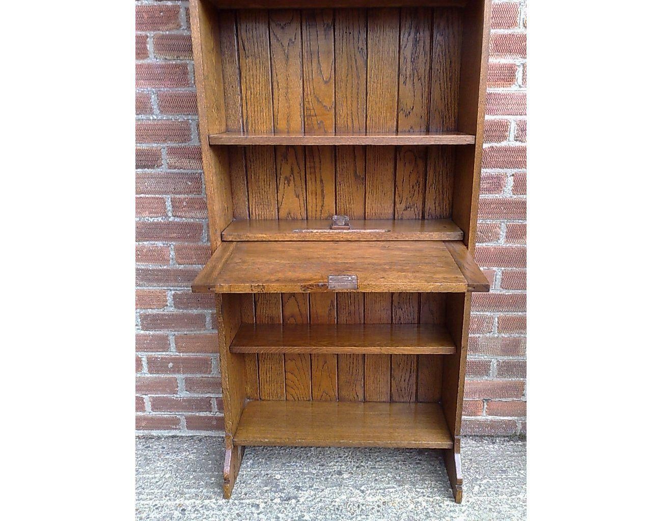 An Arts And Crafts Tall Oak Bureau Bookcase With Leaded Glass Doors photo vinterior