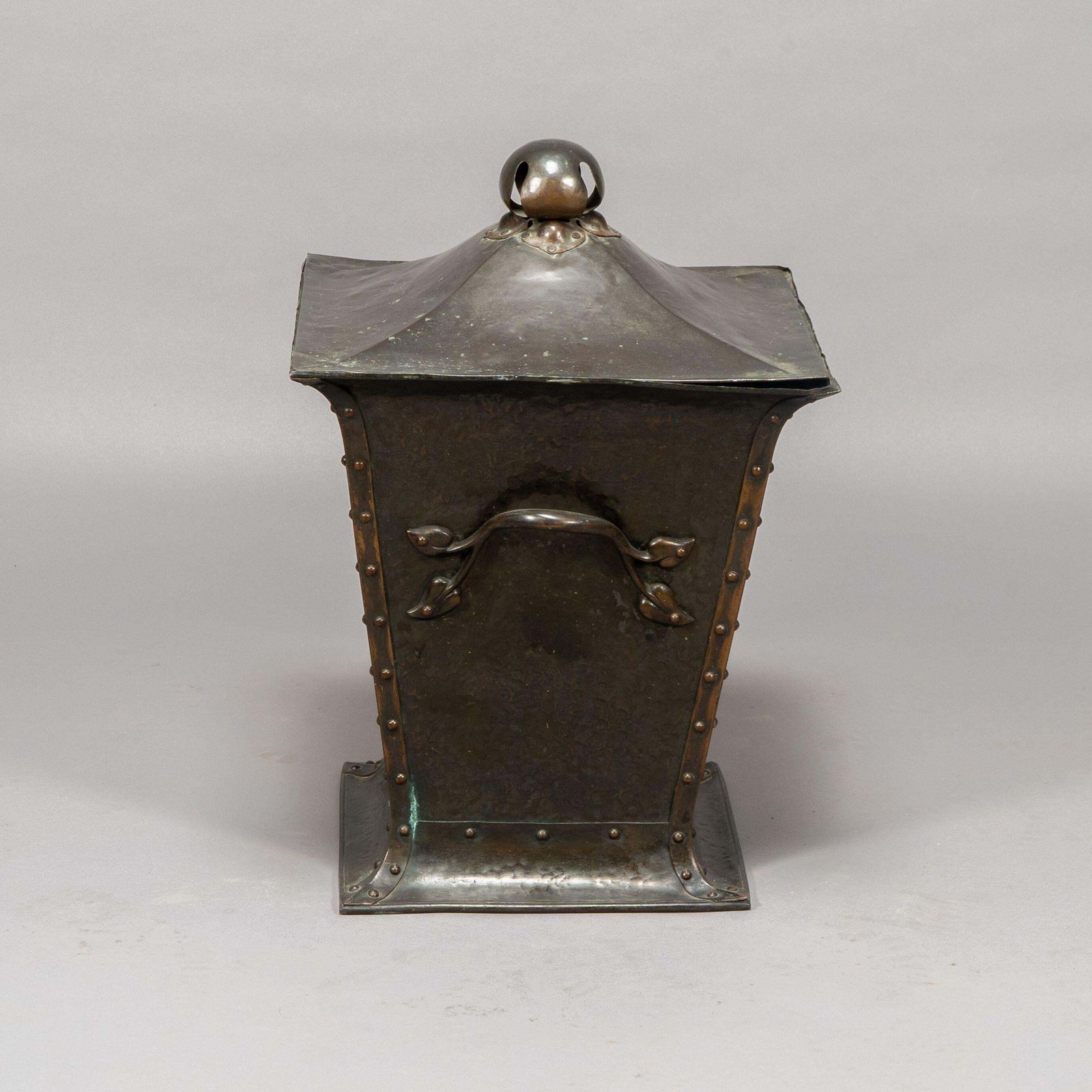 An Arts & Crafts Copper Conical Coal Bucket And Lid, With Hand Hammered Sun Rise photo buy