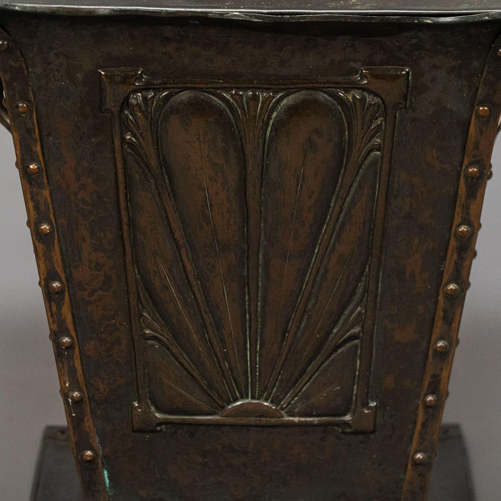 photo for sale An Arts & Crafts Copper Conical Coal Bucket And Lid, With Hand Hammered Sun Rise