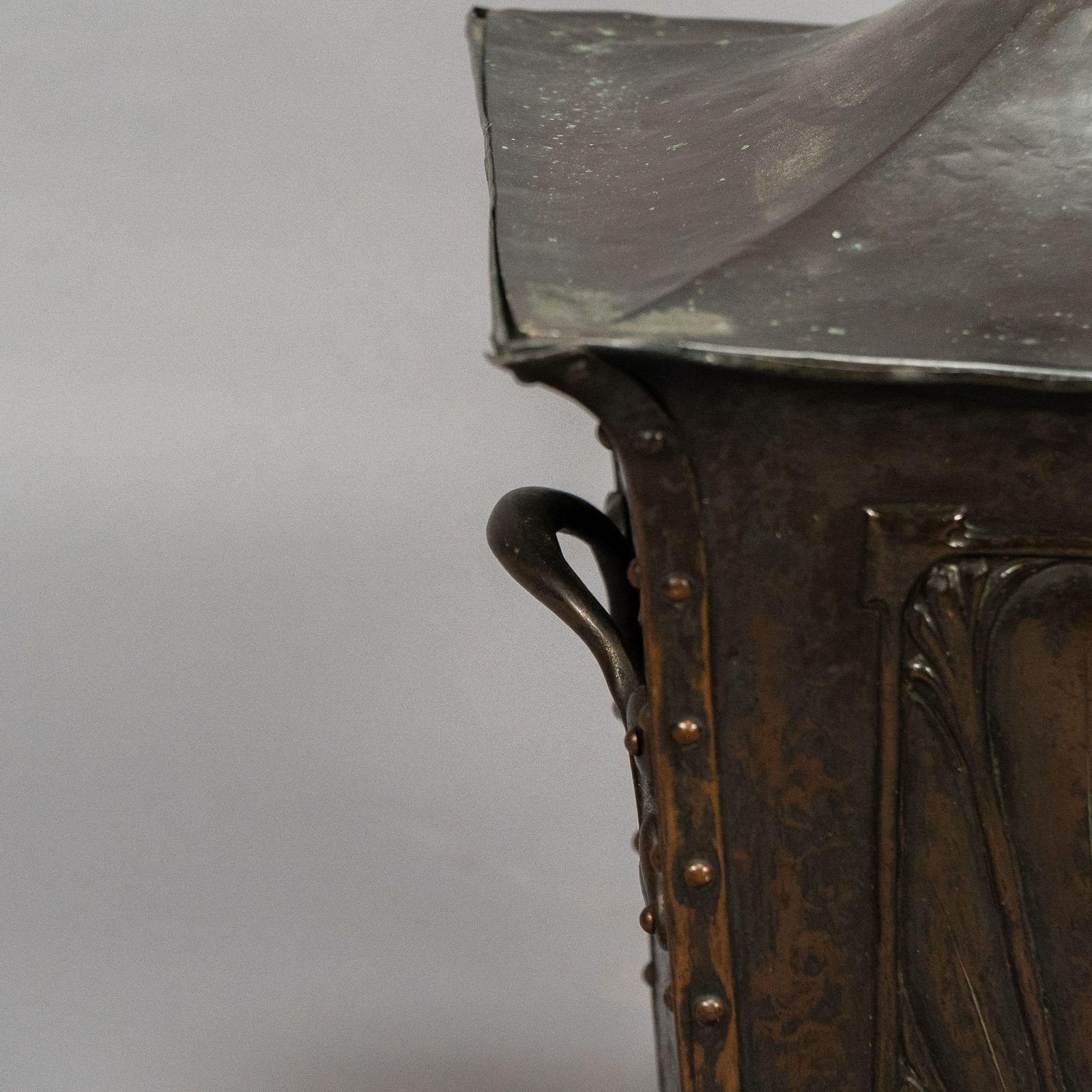 Home Fixtures An Arts & Crafts Copper Conical Coal Bucket And Lid, With Hand Hammered Sun Rise photo