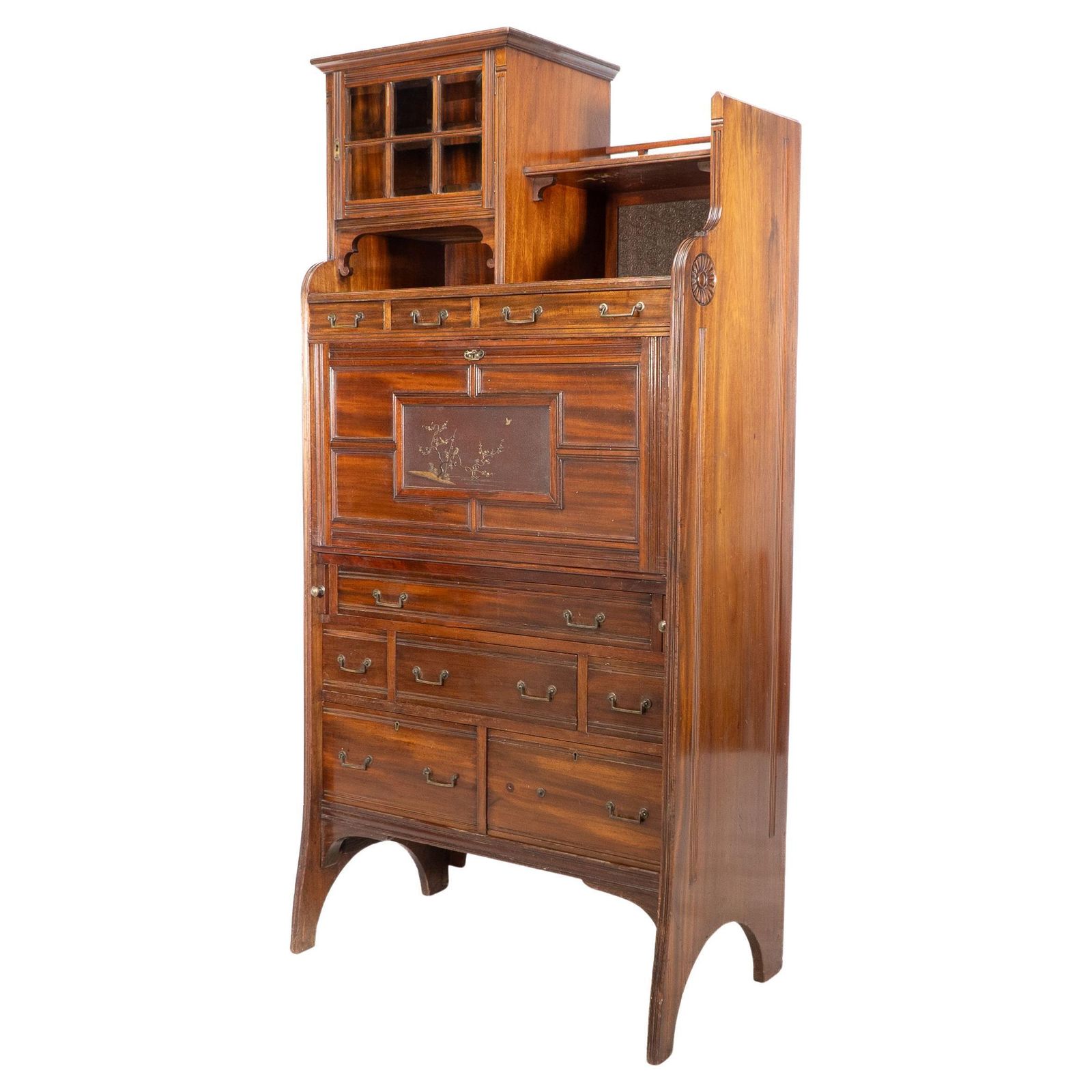 Lambs Of Manchester. An Anglo Japanese Secretaire Bookcase With Lacquered Panel