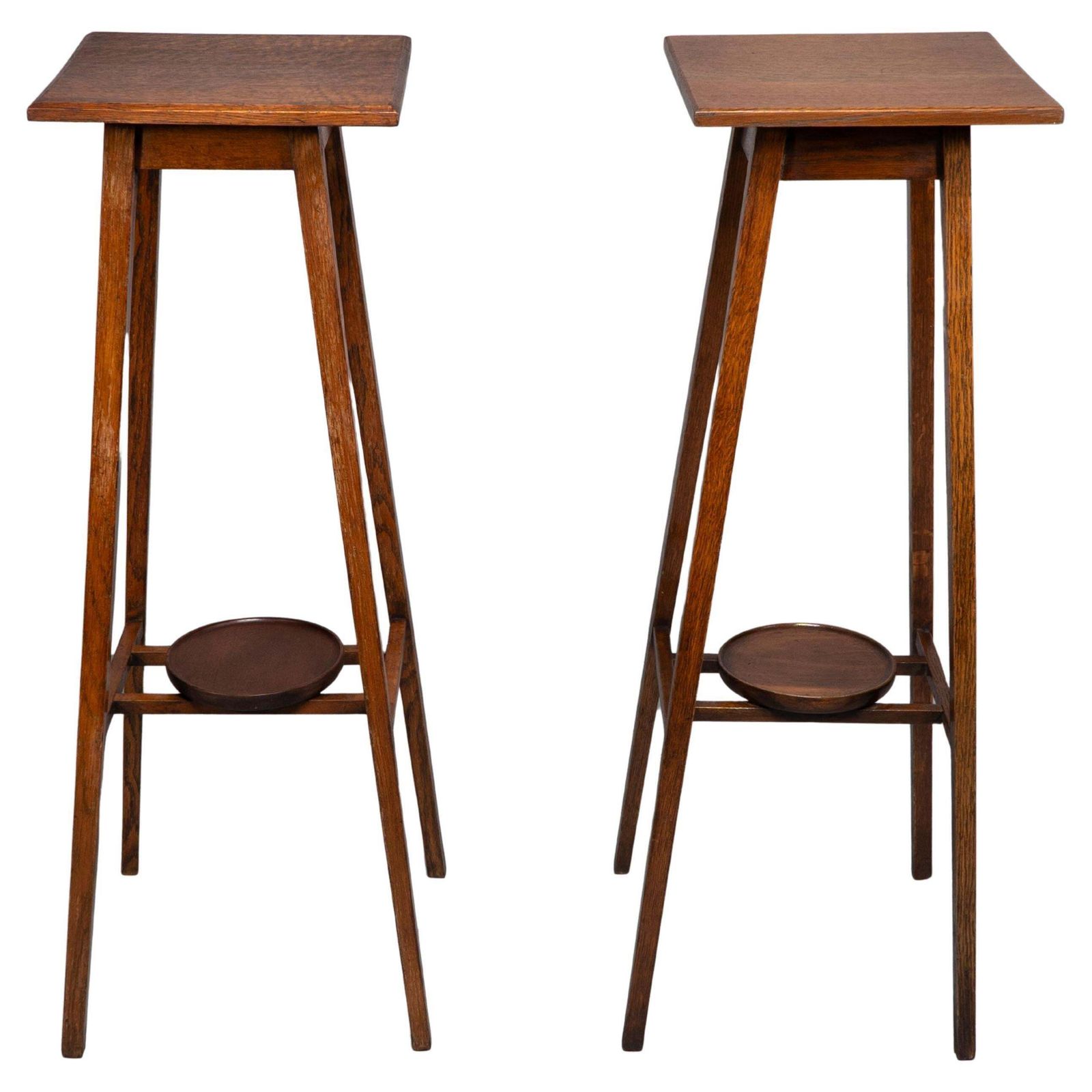 A Rare Pair Of Arts & Crafts Oak Plant Stands With Square Tops And Tapering Legs