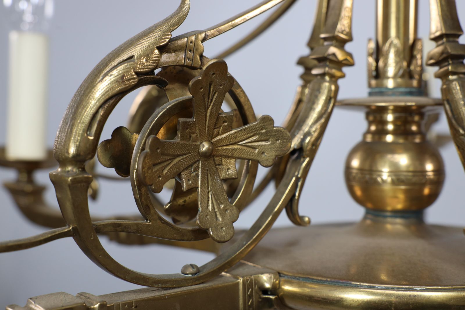 photo buy DR Christopher Dresser (Manner). An Aesthetic Movement Brass Five Arm Chandelier