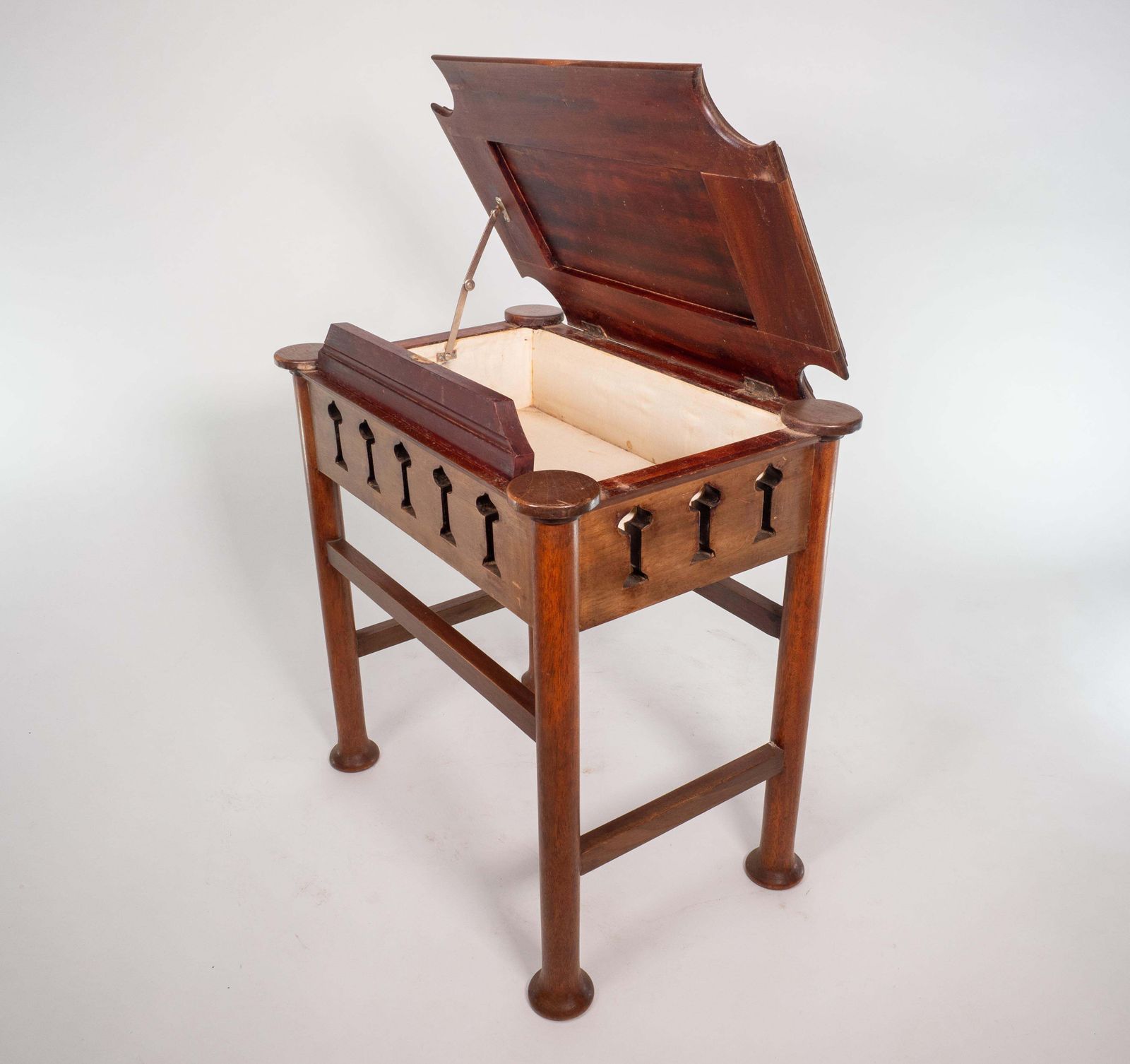 photo vintage Liberty & Co Attri. Glasgow School Walnut Piano Stool W. Storage Under The Seat