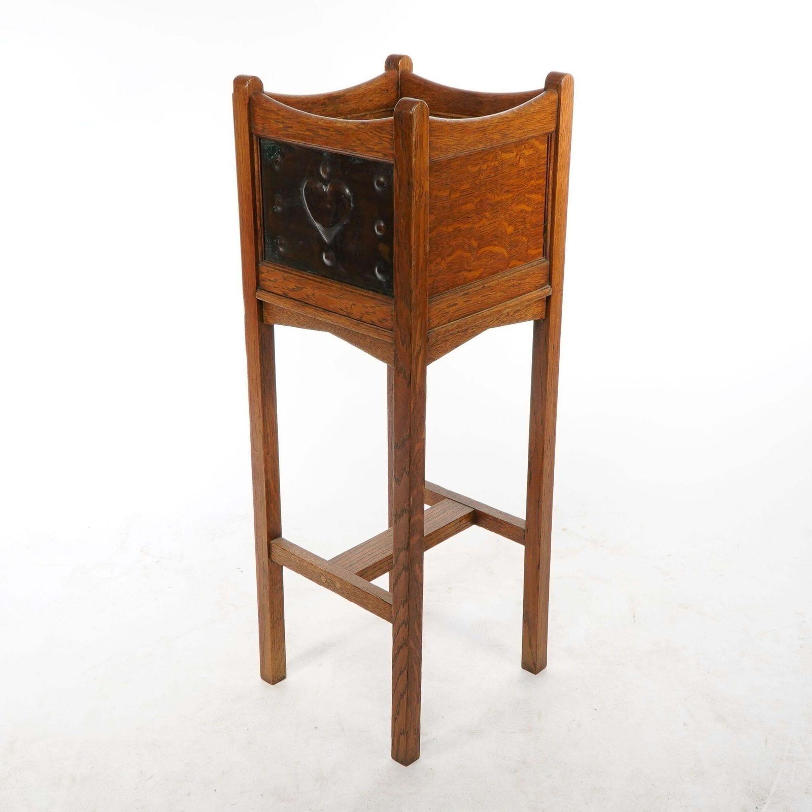 Shapland & Petter. An Arts & Crafts Oak Planter With Copper Heart Shaped Panels photo for sale