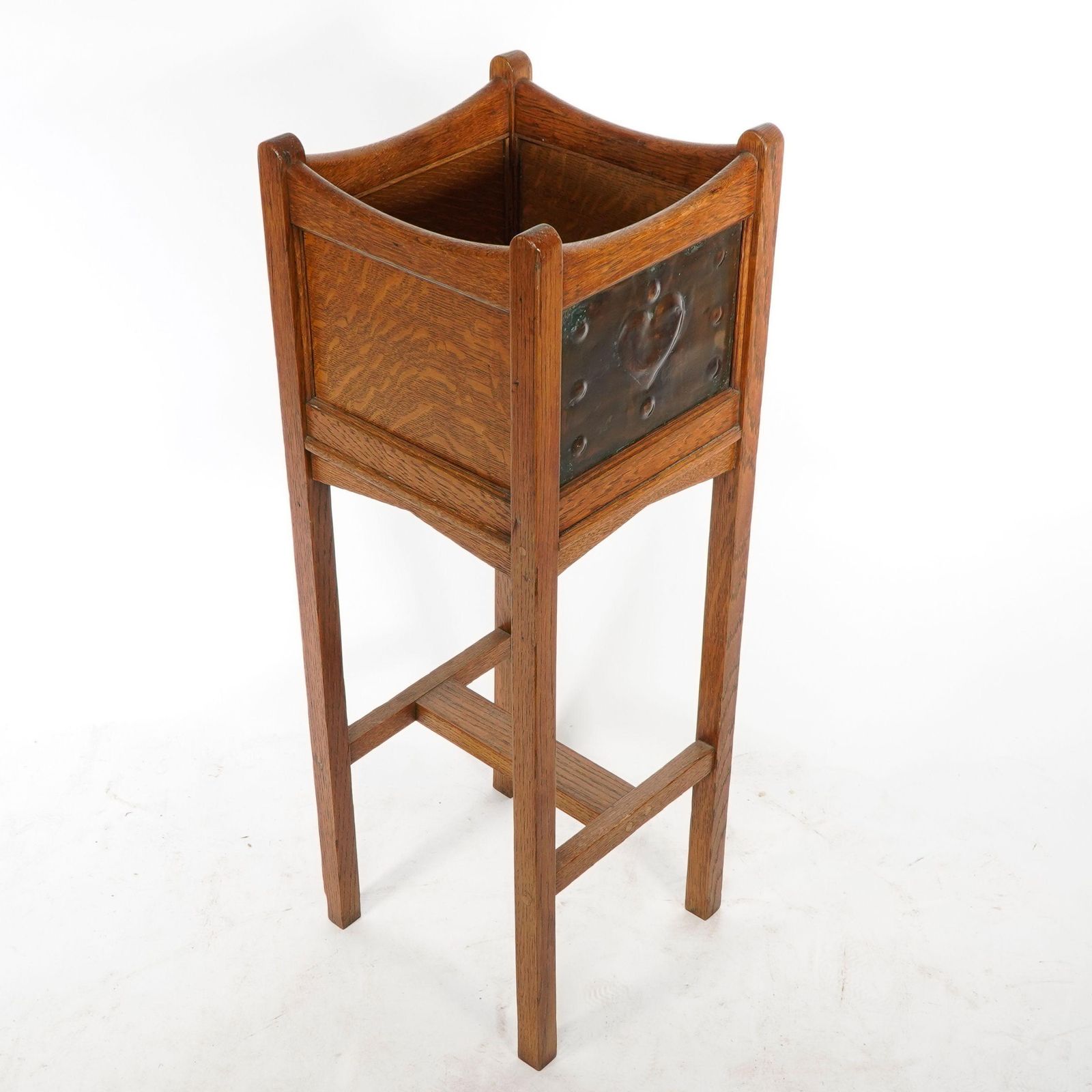 Shapland & Petter. An Arts & Crafts Oak Planter With Copper Heart Shaped Panels photo vintage