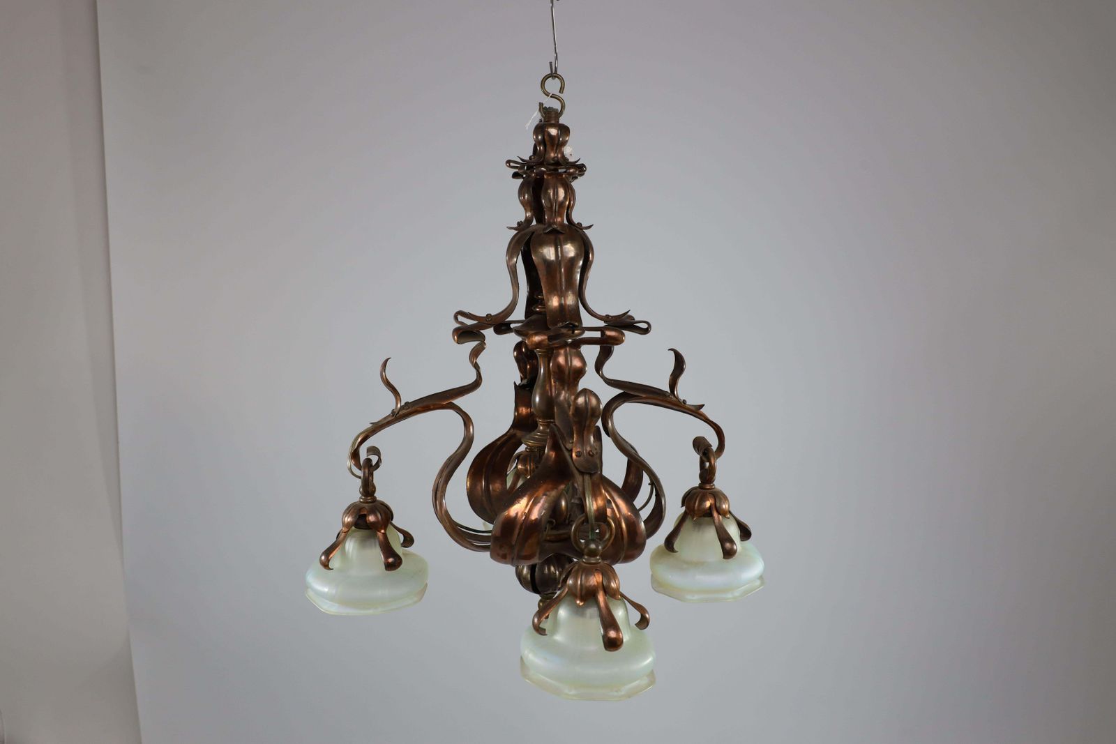 An Impressive Arts And Crafts Copper Chandelier With Original Vaseline Shades photo furniture