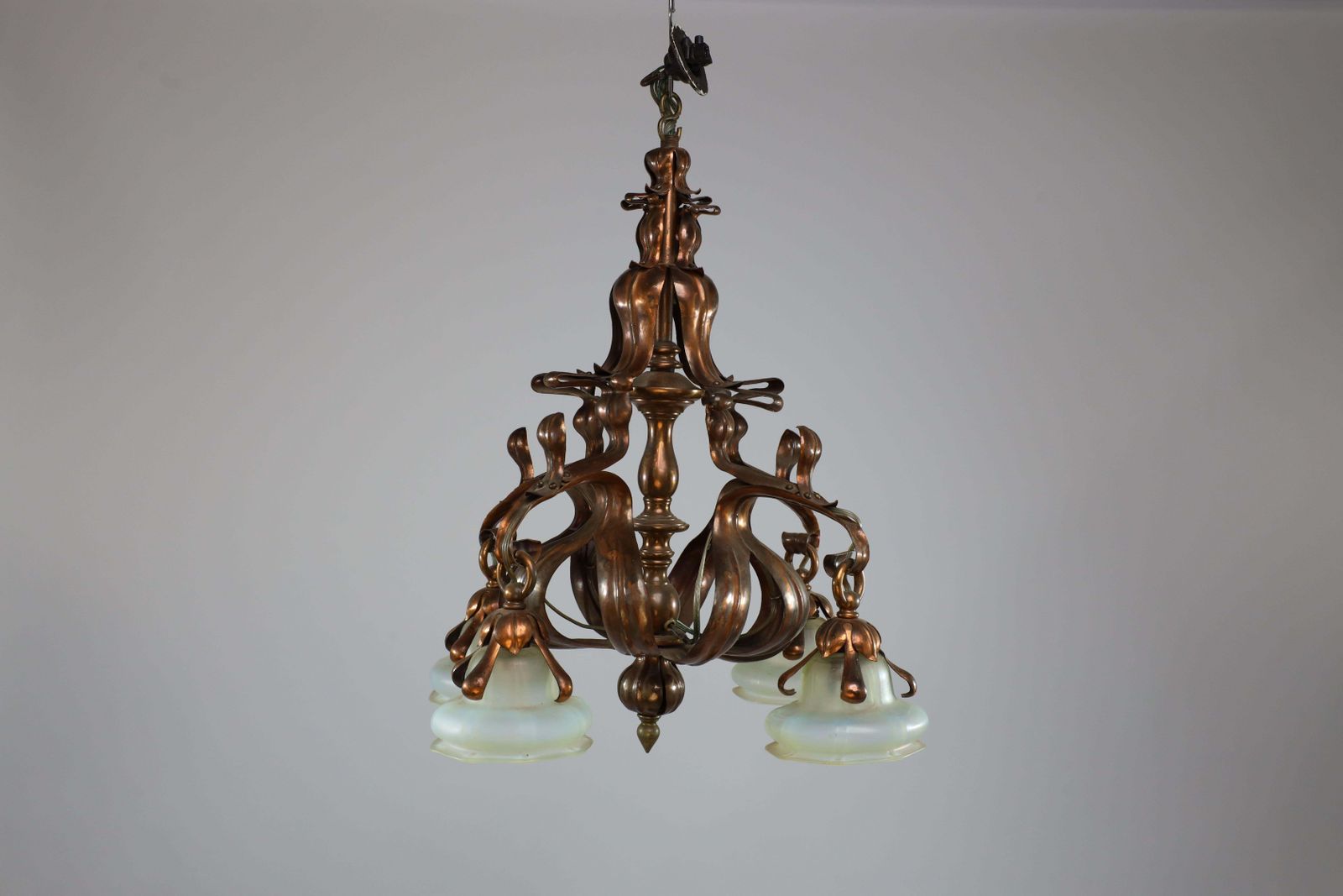 An Impressive Arts And Crafts Copper Chandelier With Original Vaseline Shades photo vinterior