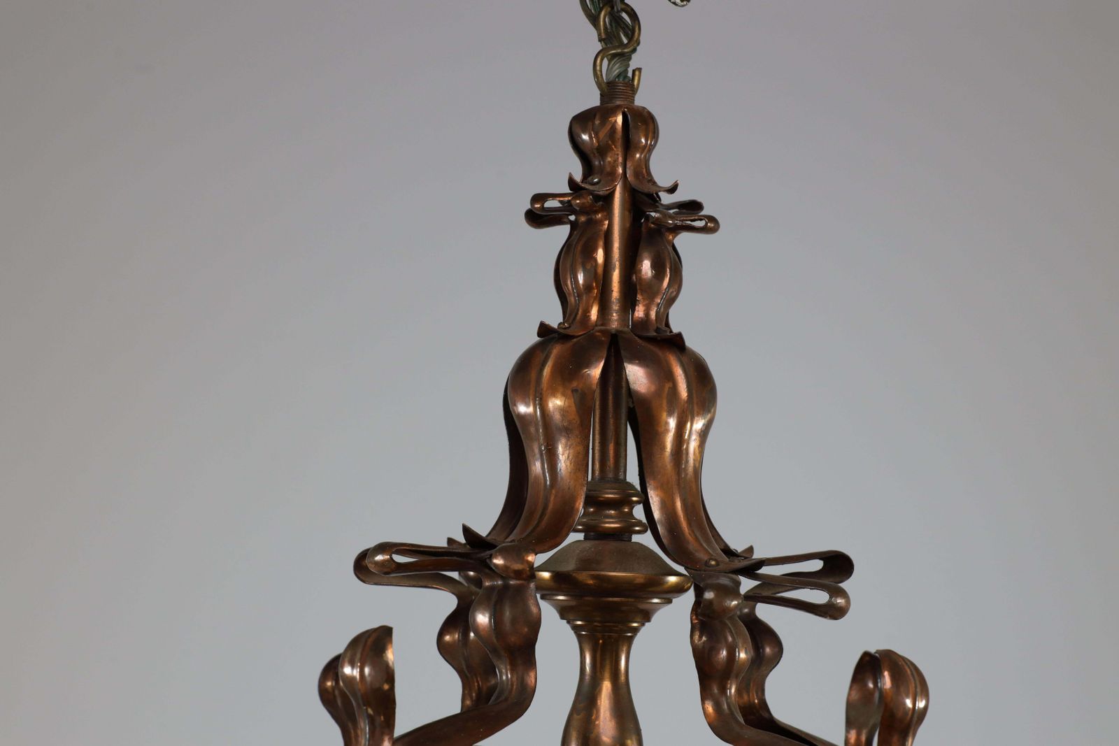 photo furniture An Impressive Arts And Crafts Copper Chandelier With Original Vaseline Shades