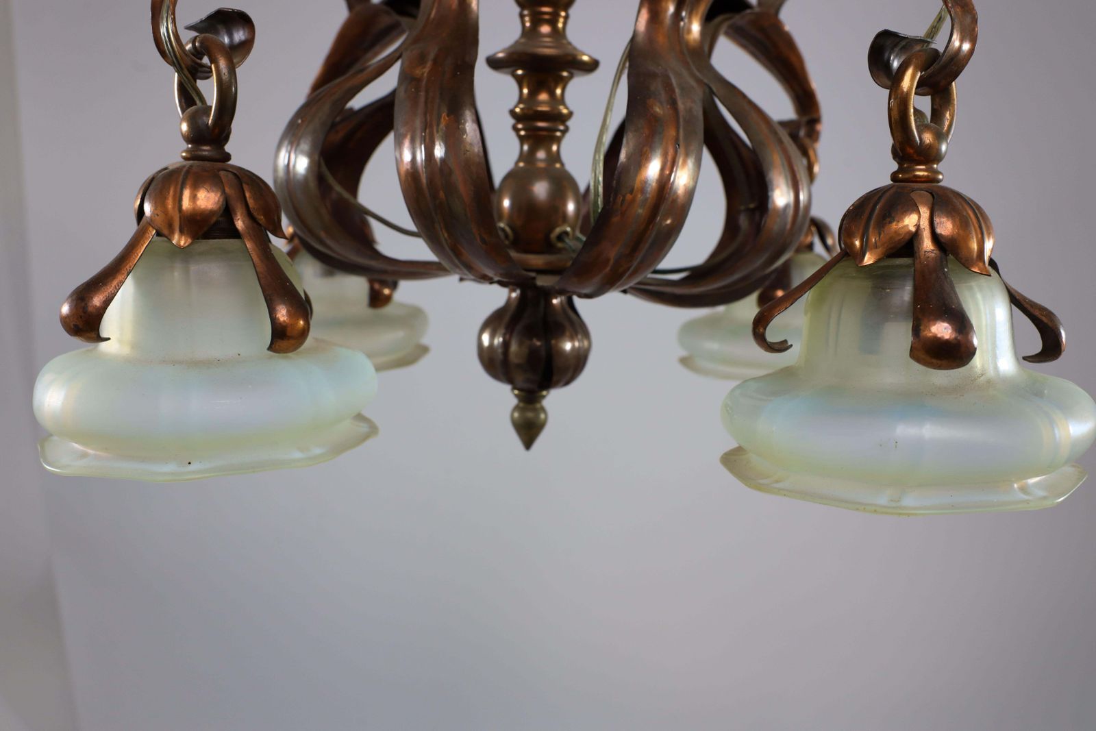 Lighting An Impressive Arts And Crafts Copper Chandelier With Original Vaseline Shades photo
