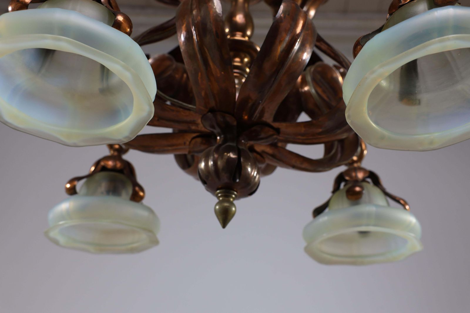 5915.0 An Impressive Arts And Crafts Copper Chandelier With Original Vaseline Shades photo
