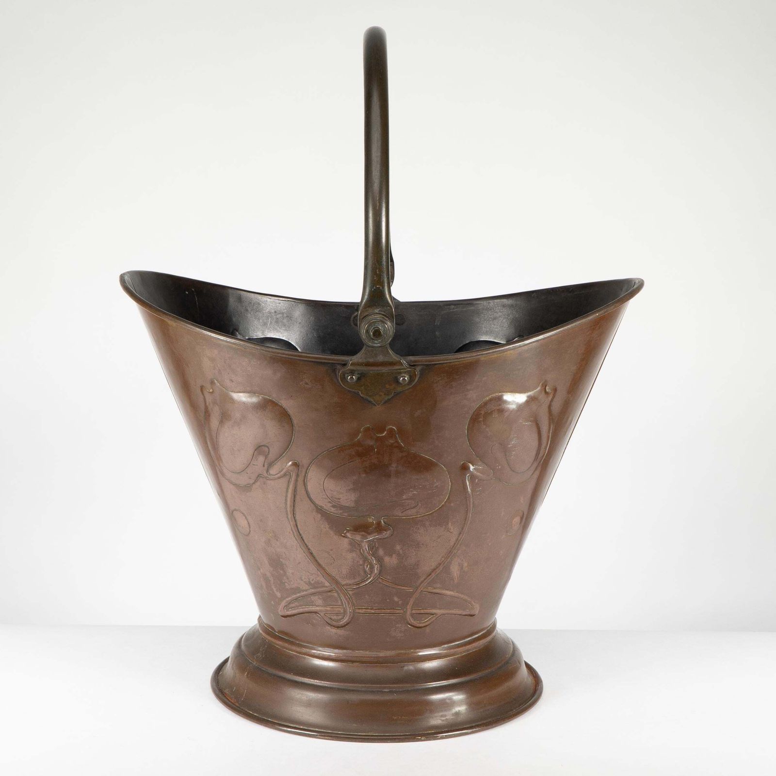 An Arts & Crafts Copper Coal Bucket With Floral Decoration And Chocolate Patina photo for sale